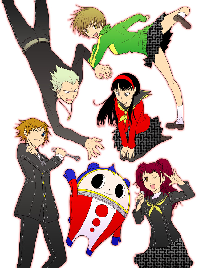 torii (chika), amagi yukiko, hanamura yousuke, kujikawa rise, kuma (persona 4), satonaka chie, spanner (reborn!), tatsumi kanji, atlus, macross, macross frontier, persona, persona 4, 2boys, 3girls, m/, high kick, kicking, multiple boys, multiple girls, one eye closed, pantyhose, parody, school uniform, seikan hikou, short hair, tomboy, wink, wrench
