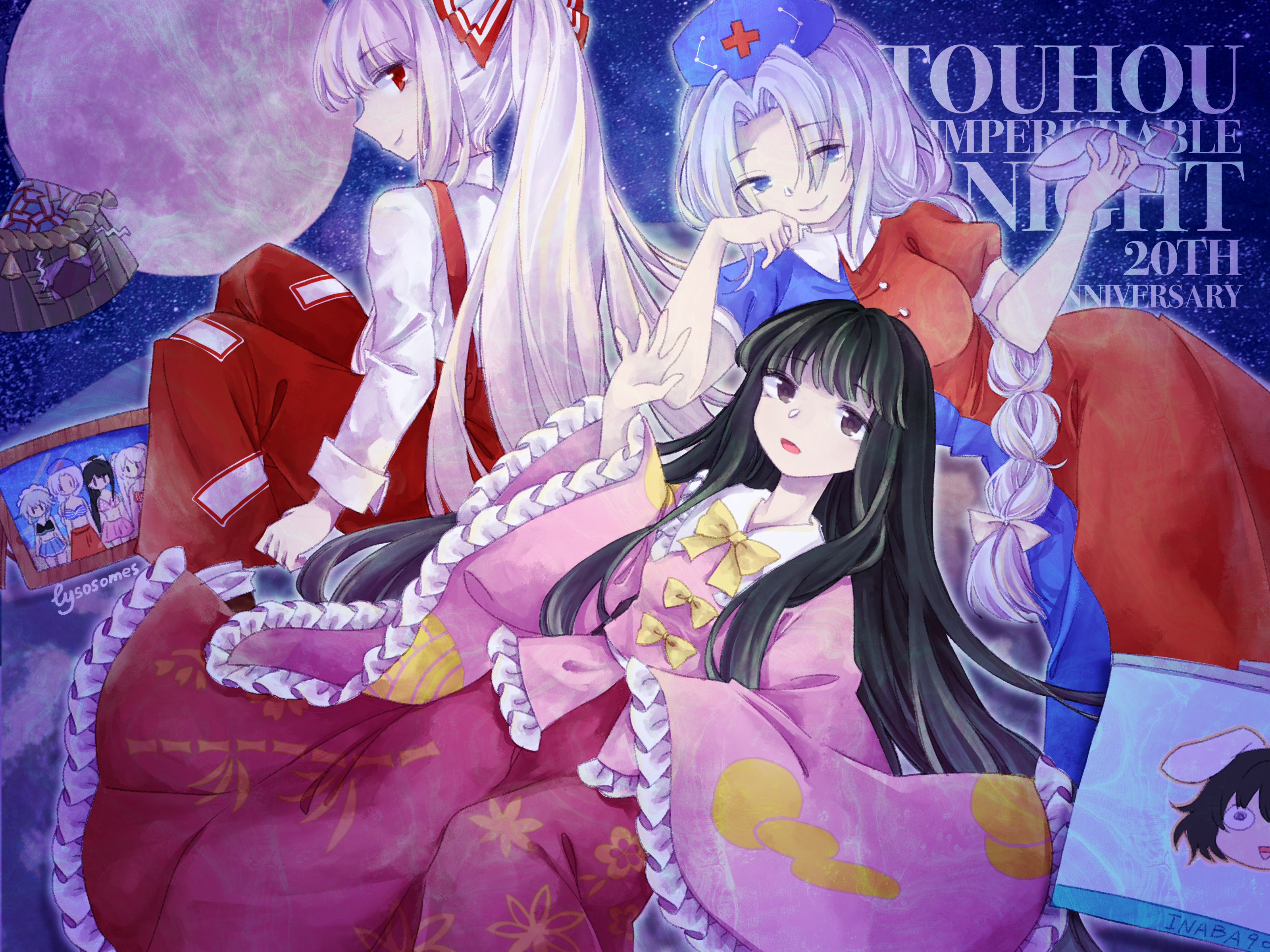 fujiwara no mokou, houraisan kaguya, yagokoro eirin, imperishable night, touhou, absurdres, chinese commentary, commentary request, highres, 3girls, black hair, blue dress, blue eyes, blue hat, braid, breasts, dress, frilled shirt, frilled skirt, frills, full moon, grey hair, hat, holding, long hair, long skirt, long sleeves, looking at viewer, lysosomes (lys9s9mes), medium breasts, moon, multiple girls, nurse cap, ofuda, ofuda on clothes, pants, pink shirt, red dress, red eyes, red pants, red skirt, shirt, short sleeves, skirt, split-color clothes, suspenders, two-tone dress, white shirt, wide sleeves