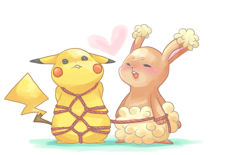 rariko, buneary, pikachu, nintendo, pokemon, animal sexualization, bdsm, bondage, bound, furry, gen 1 pokemon, gen 4 pokemon, heart, parody, pokemon (creature), rope, shibari