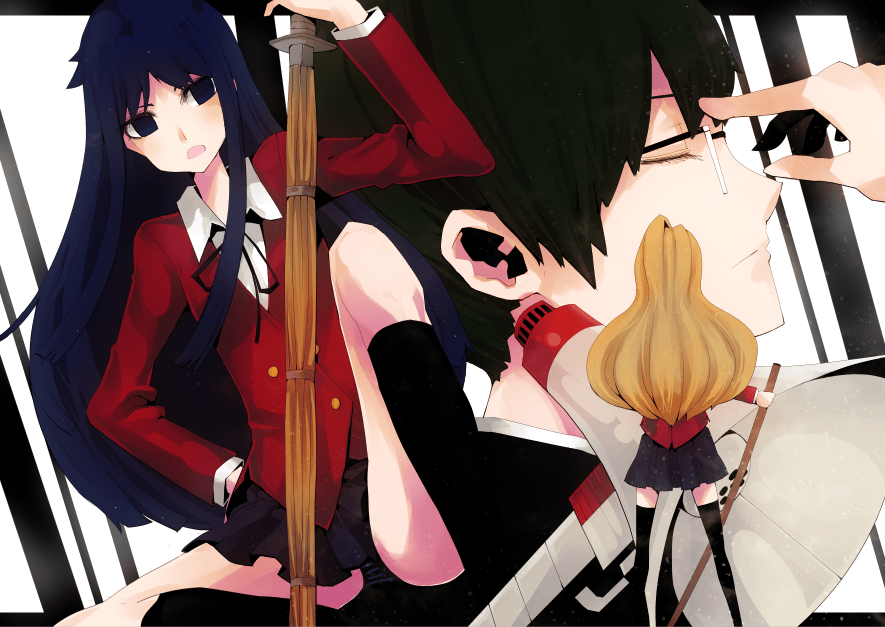 koto (kotocotton), aisaka taiga, kanou sumire, kitamura yuusaku, toradora!, bad id, bad pixiv id, 00s, blonde hair, blue eyes, blue hair, bokken, closed eyes, glasses, green hair, long hair, megaphone, panties, school uniform, shinai, short hair, striped clothes, striped panties, sword, thighhighs, underwear, weapon, wooden sword