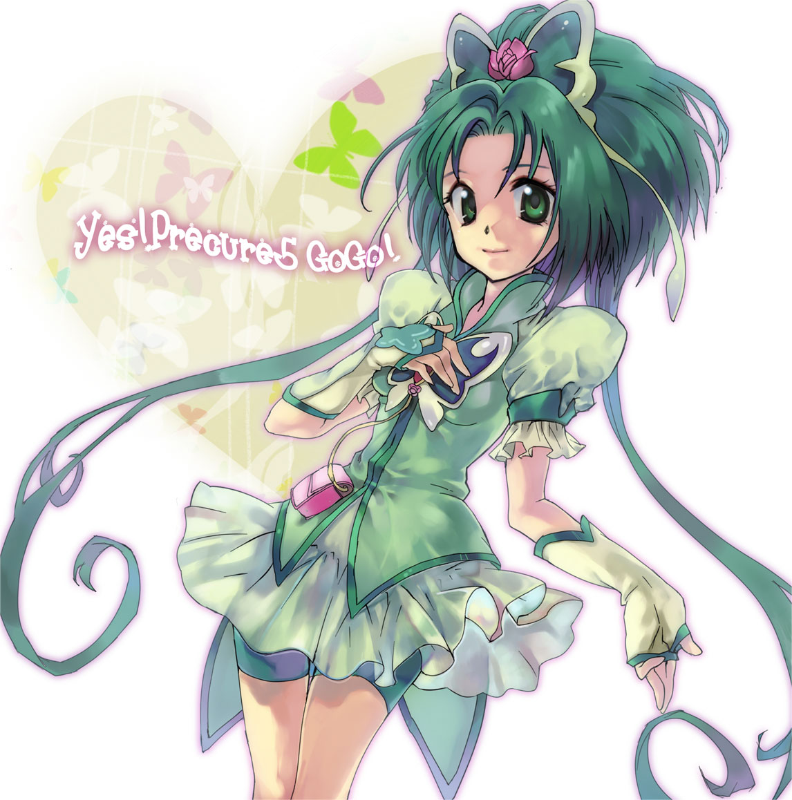 u no inoshishi, u to i, akimoto komachi, cure mint, precure, yes! precure 5, yes! precure 5 gogo!, 00s, 1girl, butterfly hair ornament, eyelashes, female focus, fingerless gloves, flower, gloves, green eyes, green hair, green shorts, hair ornament, long hair, magical girl, matching hair/eyes, pink flower, pink rose, rose, shorts, shorts under skirt, solo