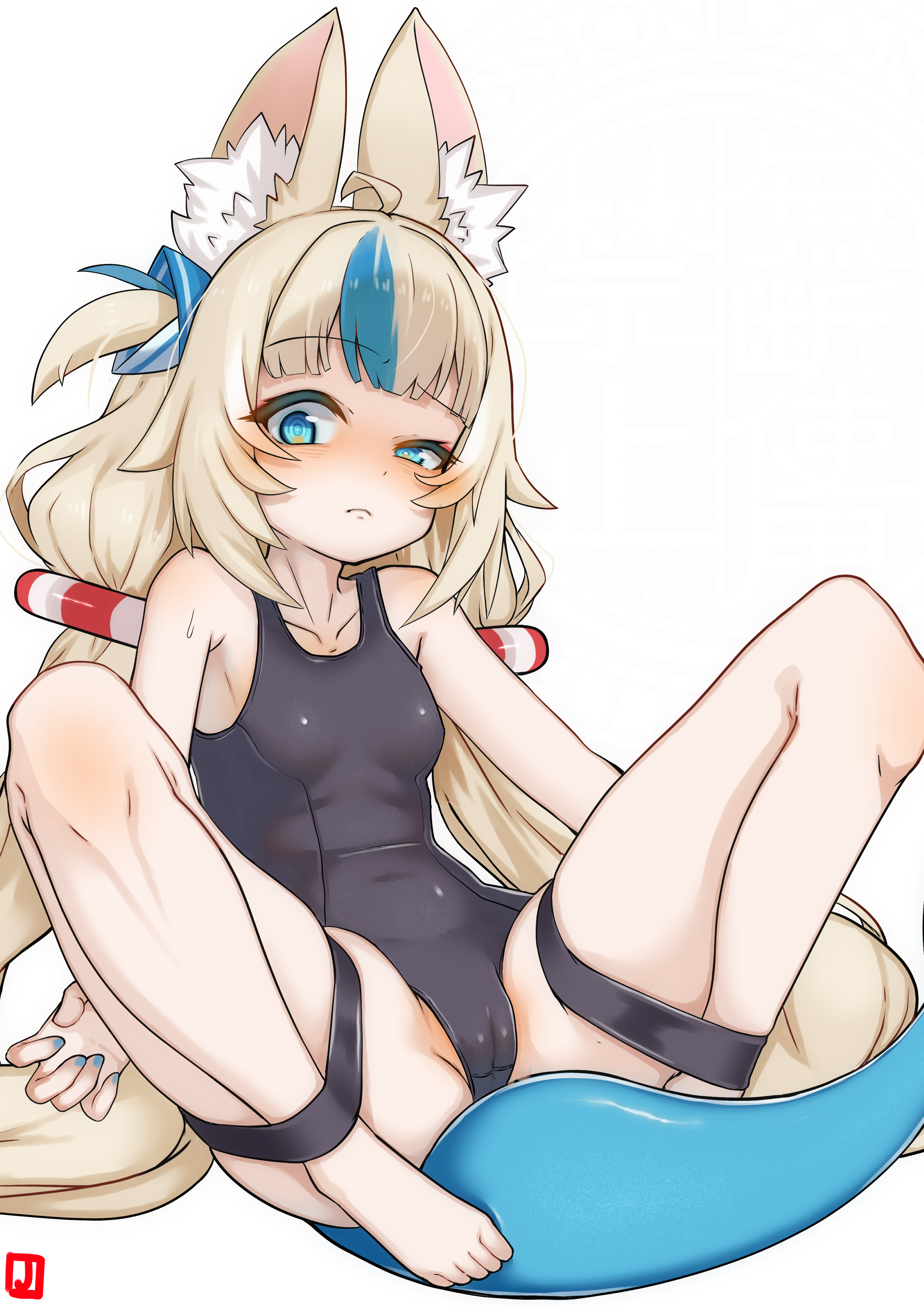 johnny (braun-kan cafe), sameko saba, indie virtual youtuber, absurdres, highres, 1girl, animal ear fluff, animal ears, blue eyes, blue hair, blue nails, breasts, cameltoe, long hair, multicolored hair, one-piece swimsuit, school swimsuit, small breasts, solo, swimsuit, tail