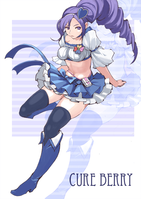 kawa akira, aono miki, cure berry, fresh precure!, precure, 00s, 1girl, abs, blue boots, blue skirt, boots, female focus, hair ornament, heart, heart hair ornament, knee boots, magical girl, purple eyes, purple hair, skirt, solo, thighhighs, zettai ryouiki