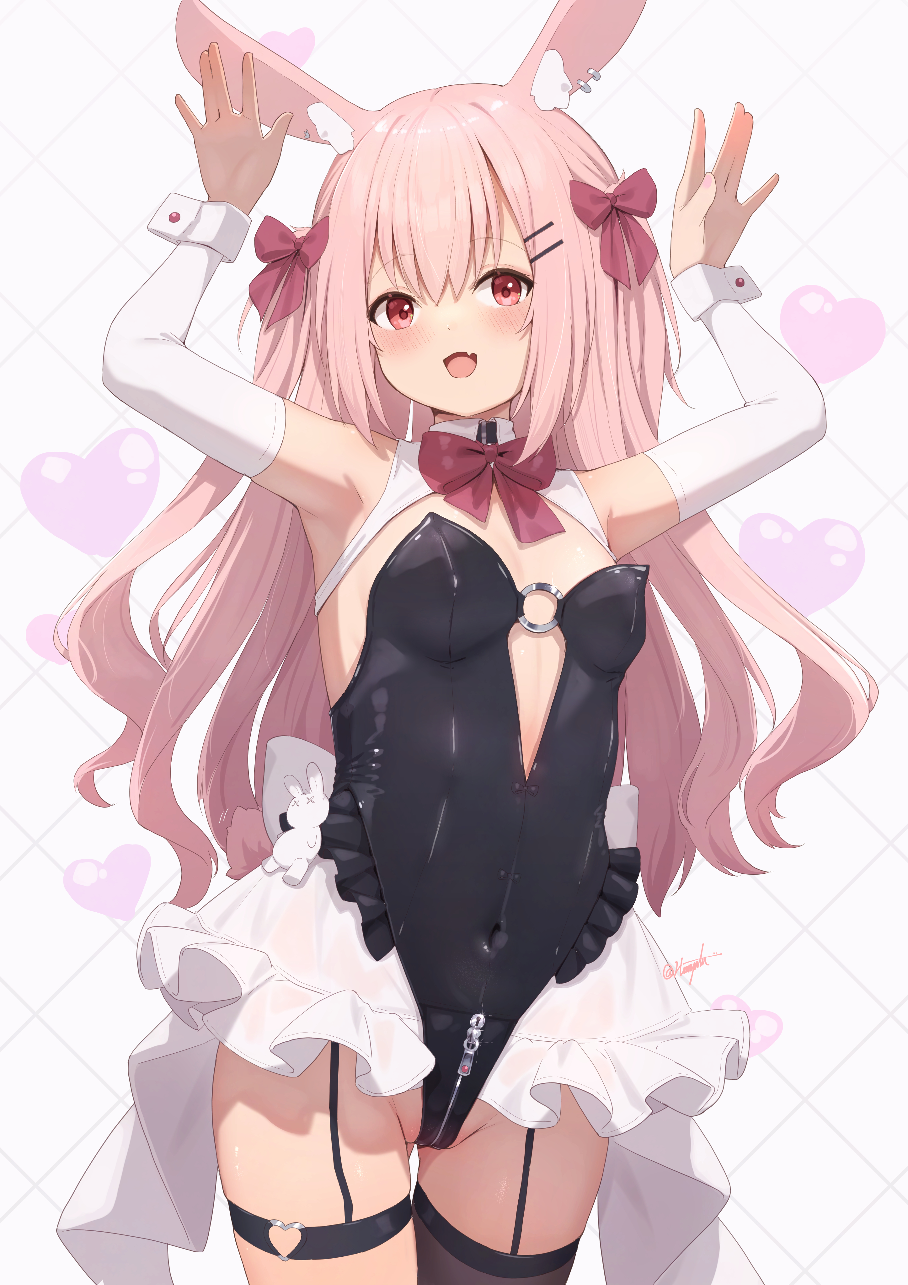 hinata (user rjkt4745), original, absurdres, commentary request, highres, 1girl, animal ears, arms up, bow, breasts, crotch zipper, detached sleeves, hair bow, hair ornament, hairclip, leotard, long hair, pink hair, rabbit ears, rabbit pose, small breasts, smile, solo, thighhighs