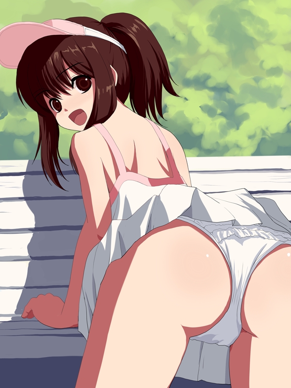 natori (natorism), original, visor, 1girl, ass, brown eyes, brown hair, female focus, frilled panties, frills, looking back, panties, solo, underwear, visor cap