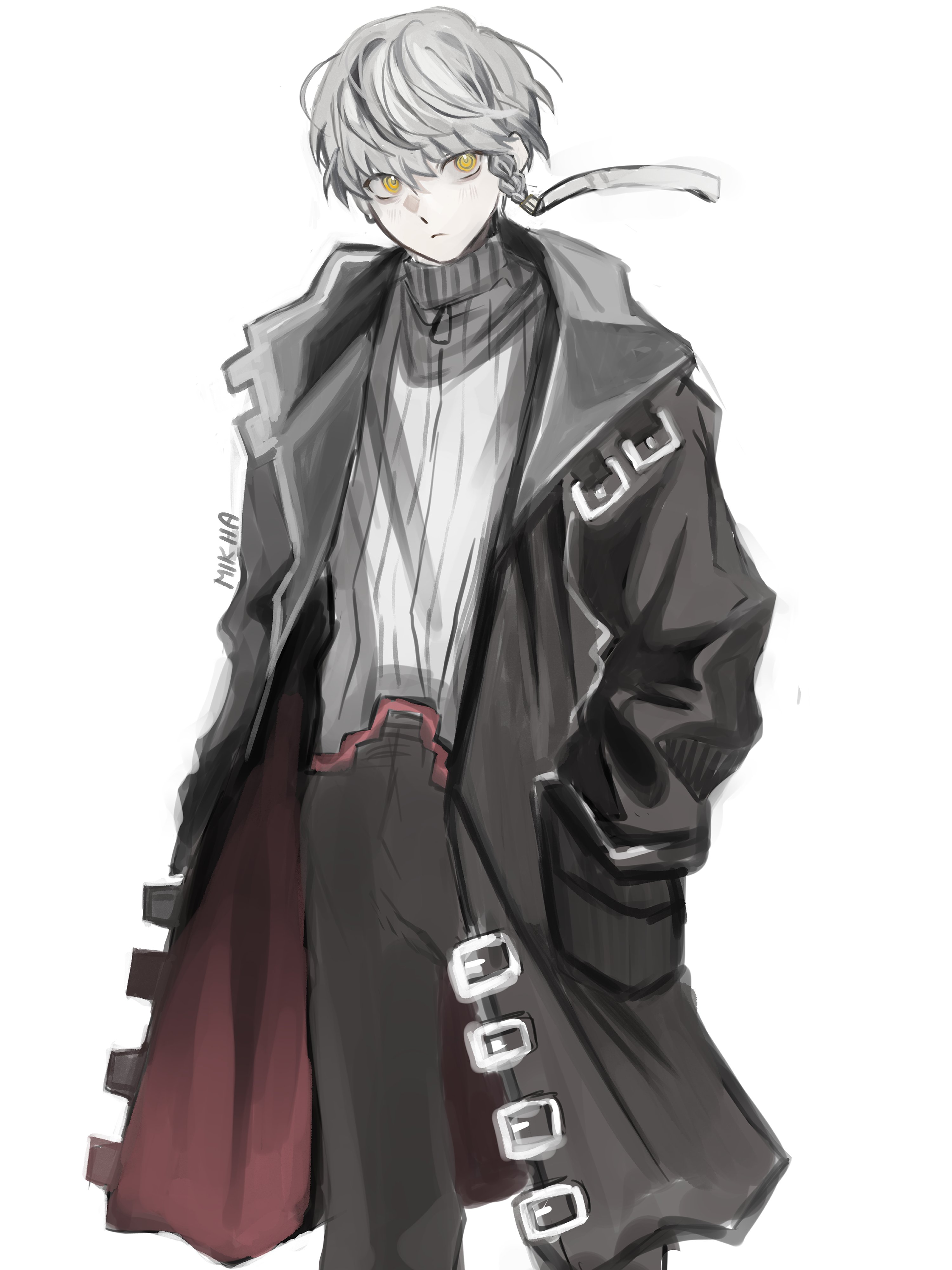 izanagi (persona 4), narukami yu, persona, persona 4, absurdres, commentary, hashtag-only commentary, highres, 1boy, artist name, black coat, black pants, braid, closed mouth, coat, cosplay, feet out of frame, frown, grey hair, grey sweater, hands in pockets, izanagi (persona 4) (cosplay), long sleeves, looking to the side, male focus, pants, ribbed sweater, short hair, side braid, simple background, sketch, solo, standing, sweater, turtleneck, turtleneck sweater, white background, yellow eyes, yuu nui