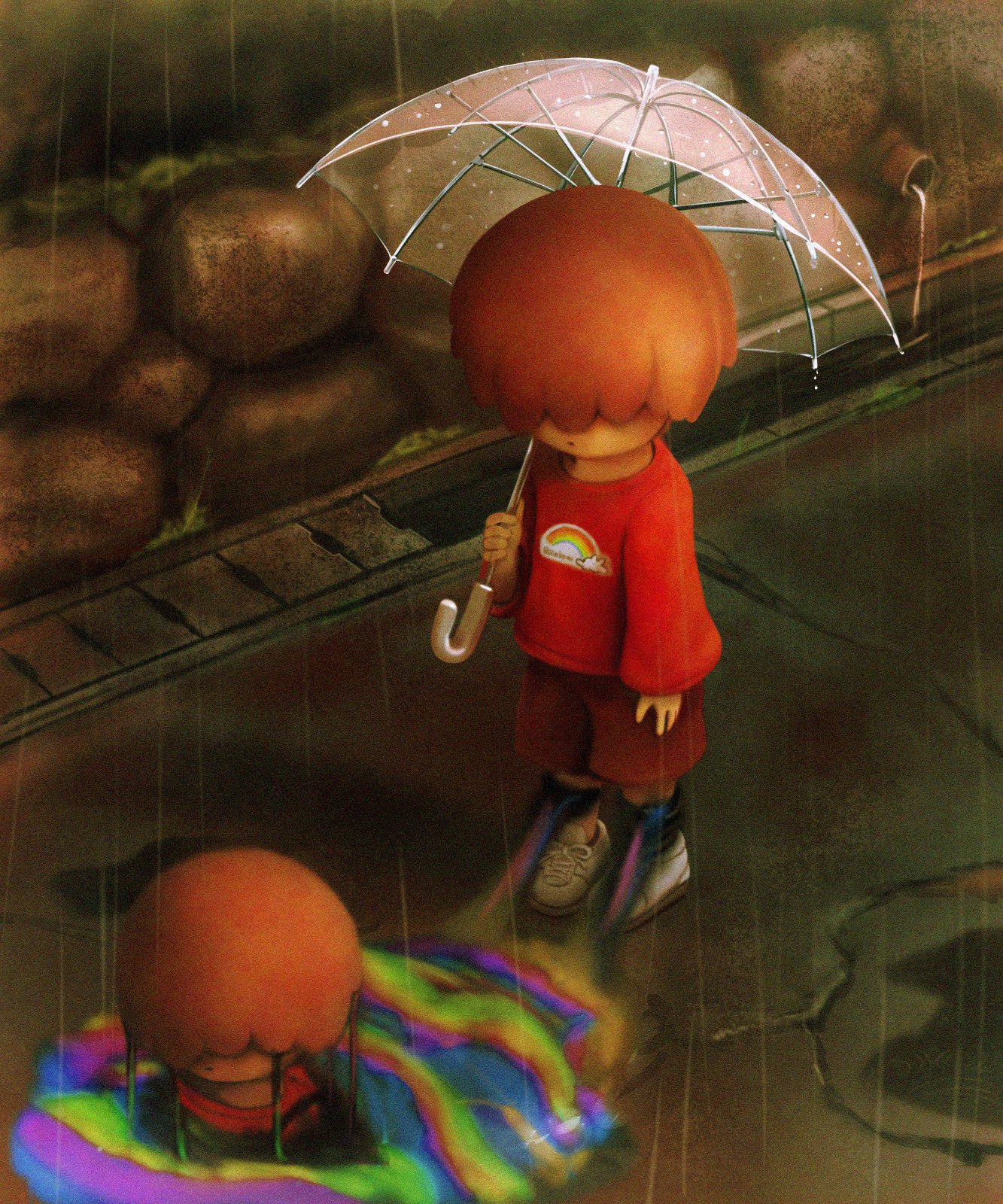 nekoita, original, commentary, english commentary, highres, 2boys, black socks, brown hair, clone, closed mouth, from above, hair over eyes, holding, holding umbrella, looking at another, male focus, multiple boys, outdoors, partially submerged, puddle, rain, rainbow, red shirt, red shorts, road, shirt, shoes, short hair, shorts, sneakers, socks, standing, street, transparent, transparent umbrella, umbrella