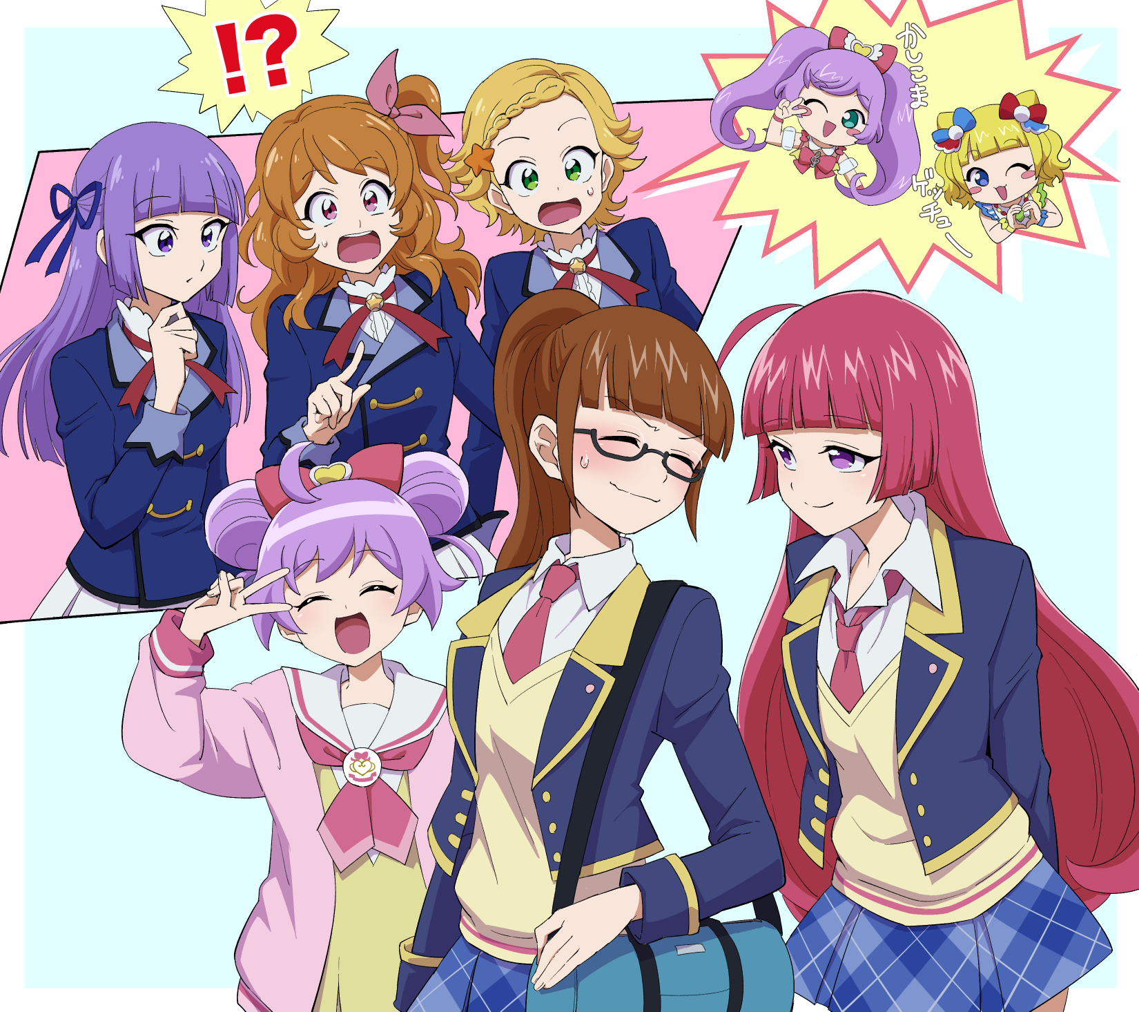 uma (umagaobanana), hikami sumire, hojo sophy, manaka laala, manaka laala (normal), minami mirei, minami mirei (normal), ozora akari, shinjo hinaki, aikatsu!, aikatsu! (series), pretty series, pripara, commentary request, highres, !?, 6+girls, :d, ^ ^, ahoge, aikatsu! x pripara the movie -deai no kiseki!-, blazer, blonde hair, blue jacket, blunt bangs, bow, braid, brown hair, cardigan, chibi, chibi inset, closed eyes, constricted pupils, crown braid, double bun, dress, glasses, green eyes, hair bow, hair bun, hair ribbon, jacket, long hair, long sleeves, looking at another, miniskirt, multiple girls, neck ribbon, neckerchief, one side up, open mouth, orange hair, paprika private academy school uniform, pink bow, pink cardigan, pink eyes, pink neckerchief, pleated skirt, pointing, pointing at another, ponytail, purple eyes, purple hair, red hair, red ribbon, ribbon, school uniform, semi-rimless eyewear, short hair, skirt, smile, speech bubble, standing, starlight academy school uniform, surprised, sweatdrop, under-rim eyewear, v, v over eye, white skirt, wide-eyed, winter uniform, yellow dress