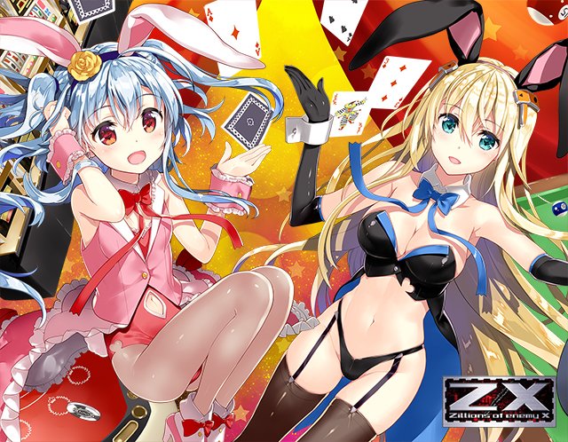fujima takuya, kagamihara azumi, rigel (z/x), z/x, official art, 2girls, ace (playing card), ace of diamonds, animal ears, aqua eyes, bare shoulders, black gloves, black leotard, black thighhighs, blonde hair, blue bow, blue bowtie, blue hair, bow, bowtie, breasts, card, casino, cleavage, clothing cutout, copyright logo, detached collar, diamond (shape), elbow gloves, fake animal ears, frilled wrist cuffs, frills, gloves, hair ornament, jacket, joker (playing card), large breasts, leotard, logo, long hair, multiple girls, navel, navel cutout, pantyhose, pink jacket, playboy bunny, playing card, red bow, red bowtie, red eyes, red leotard, revealing clothes, shoes, small breasts, spade (shape), thighhighs, two side up, white shoes, wrist cuffs
