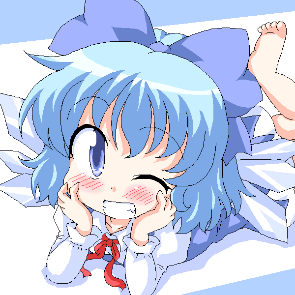 geetsu, cirno, embodiment of scarlet devil, touhou, 1girl, barefoot, blue eyes, blue hair, blush, bow, fang, female focus, grin, hair bow, lying, matching hair/eyes, oekaki, on stomach, one eye closed, smile, solo, wink