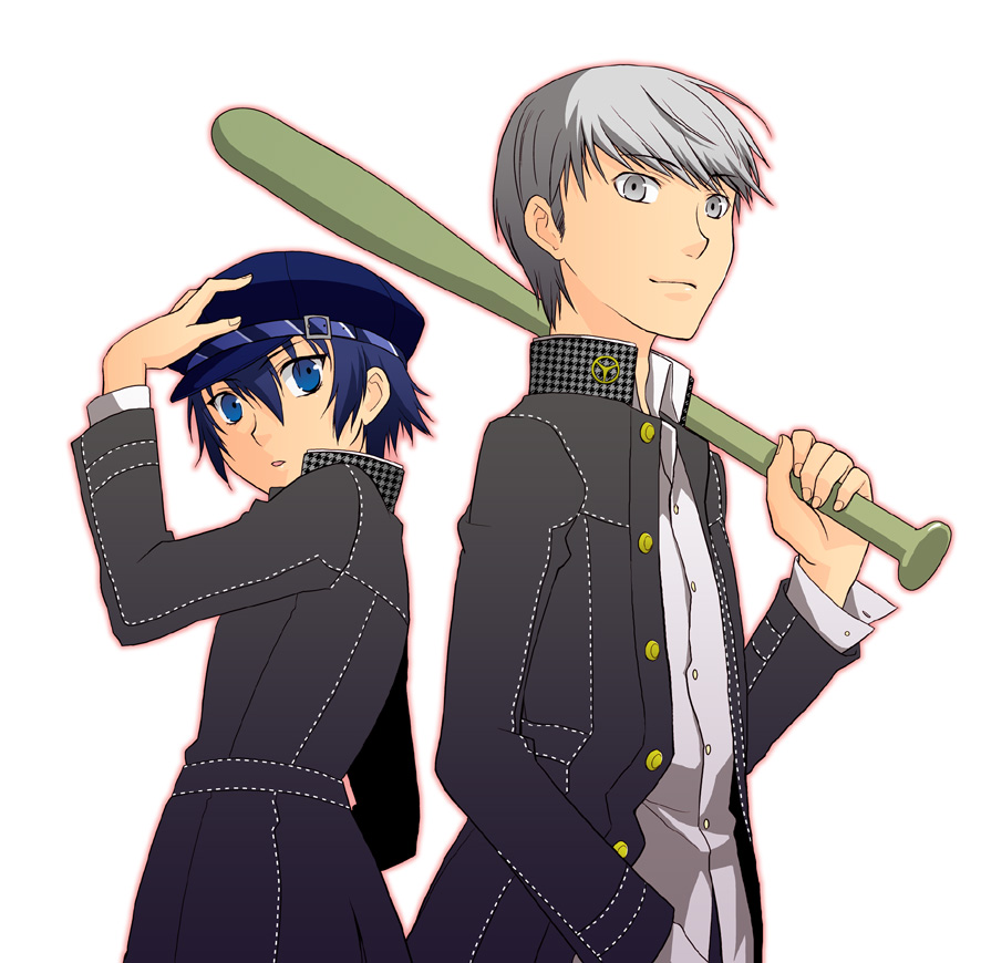 torii (chika), narukami yu, shirogane naoto, atlus, persona, persona 4, 1boy, 1girl, androgynous, baseball bat, blue eyes, blue hair, grey eyes, grey hair, hat, newsboy cap, reverse trap, short hair
