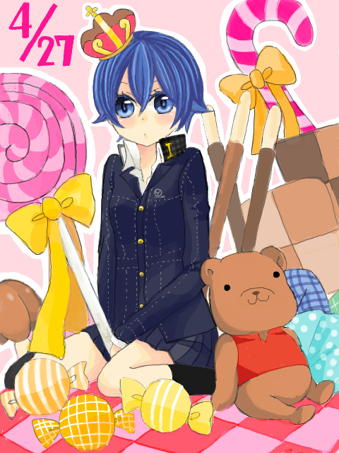 shirogane naoto, atlus, persona, persona 4, 1girl, androgynous, birthday, blue eyes, blue hair, candy, checkerboard cookie, cookie, female focus, food, kinoko no yama, lollipop, pocky, solo, stuffed animal, stuffed toy, swirl lollipop, teddy bear, tegaki