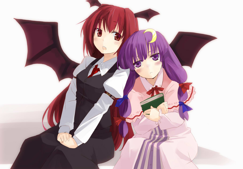 gotyou, koakuma, patchouli knowledge, embodiment of scarlet devil, touhou, 2girls, blush, book, crescent, crescent hair ornament, female focus, hair ornament, hair ribbon, head wings, long hair, multiple girls, purple eyes, purple hair, red eyes, red hair, ribbon, wings