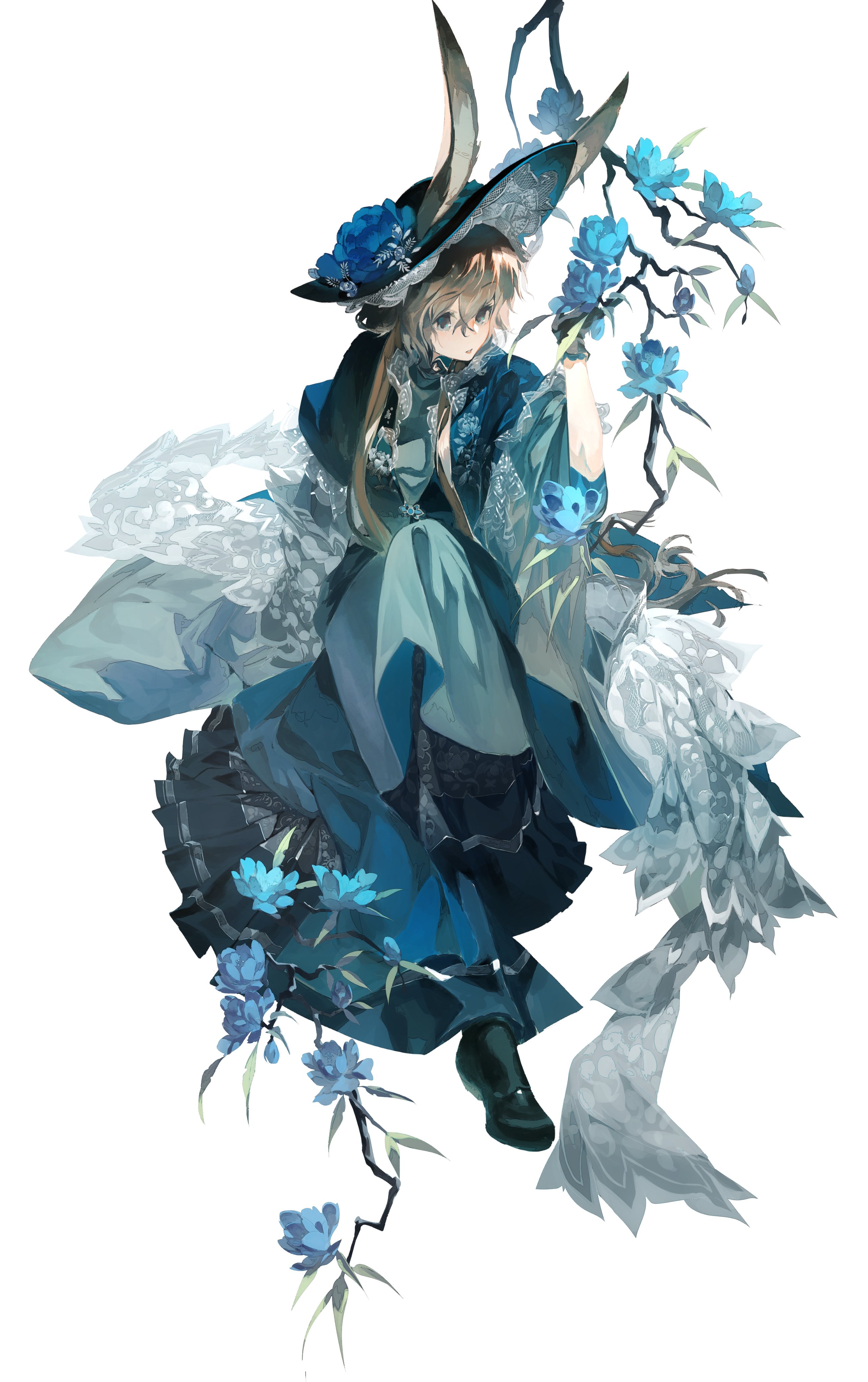 dare no inarikami, amiya (arknights), arknights, absurdres, highres, 1girl, animal ears, black dress, black gloves, black shoes, blue dress, blue flower, branch, brown hair, dress, dress shoes, ears through headwear, flower, flower in hat, flower on head, frilled dress, frills, gloves, layered dress, long sleeves, patterned clothing, rabbit ears, shoes, simple background, sitting, sleeves rolled up, solo, white background