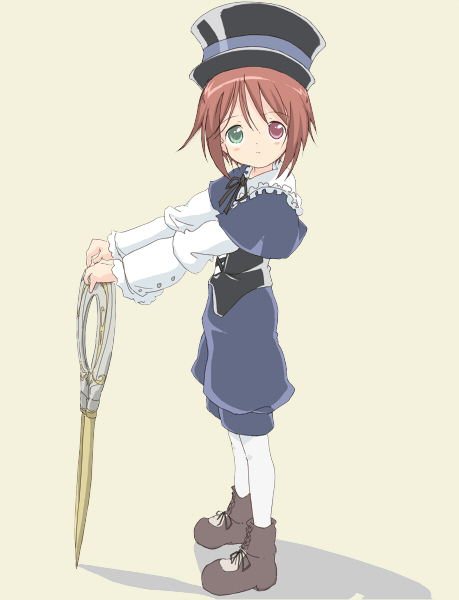 core (mayomayo), souseiseki, rozen maiden, bad id, bad pixiv id, 00s, brown hair, hat, heterochromia, pantyhose, scissors, short hair, solo