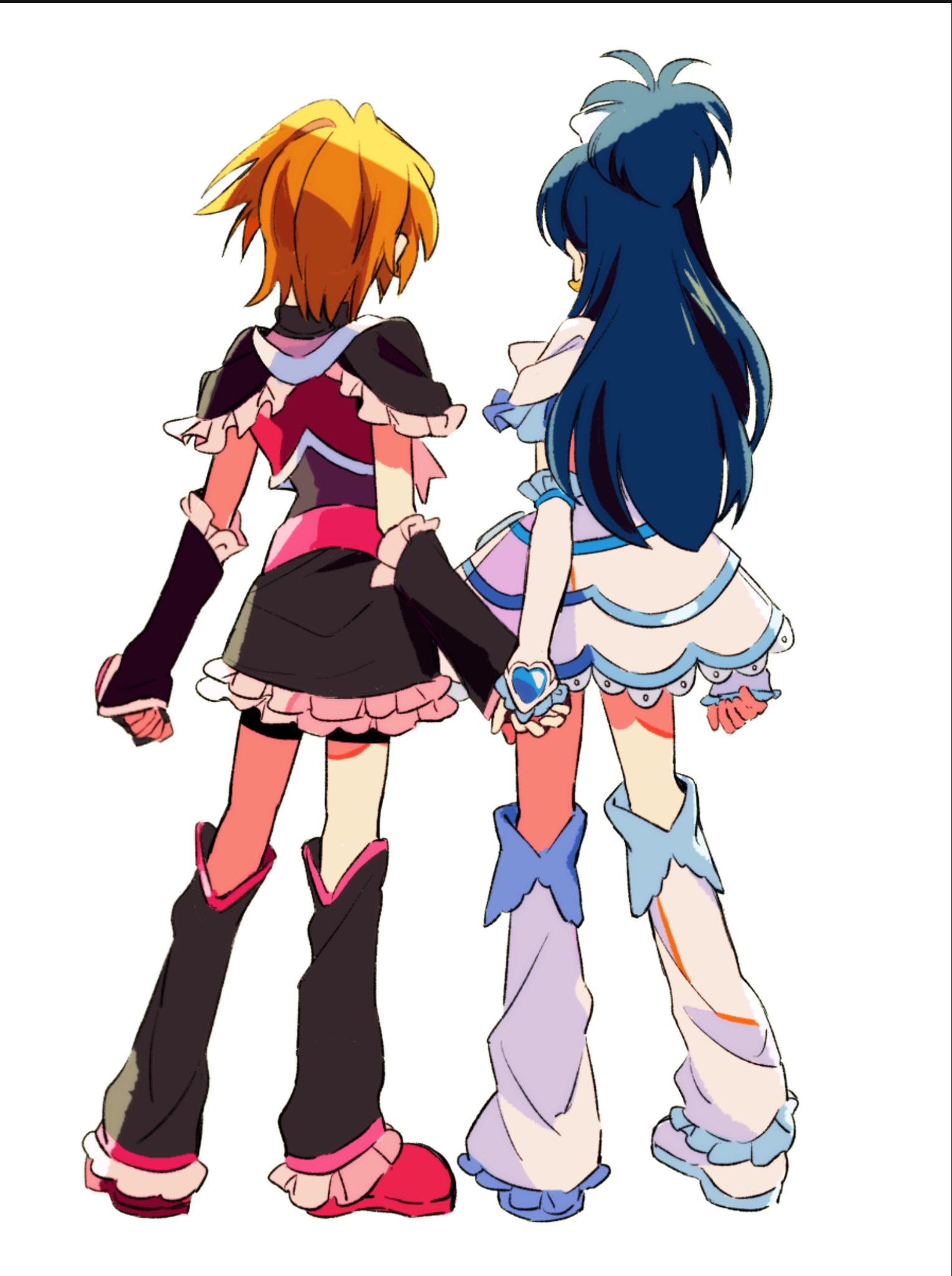 sanamaru (sana79261827), cure black, cure white, misumi nagisa, yukishiro honoka, futari wa precure, precure, commentary request, highres, 2girls, bike shorts, black gloves, black skirt, black socks, blonde hair, blue hair, fingerless gloves, frilled skirt, frills, from behind, full body, gloves, holding hands, kneehighs, long hair, magical girl, multiple girls, pink shoes, red shirt, shirt, shoes, short hair, short sleeves, simple background, skirt, socks, standing, white background, white gloves, white shirt, white shoes, white skirt, white socks