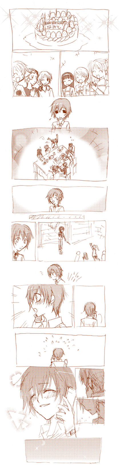 amagi yukiko, hanamura yousuke, kujikawa rise, kuma (persona 4), satonaka chie, shirogane naoto, tatsumi kanji, atlus, persona, persona 4, highres, long image, tall image, 3boys, 4girls, androgynous, birthday, blush, cake, comic, food, headphones, japanese text, monochrome, multiple boys, multiple girls, pastry, silent comic, twintails
