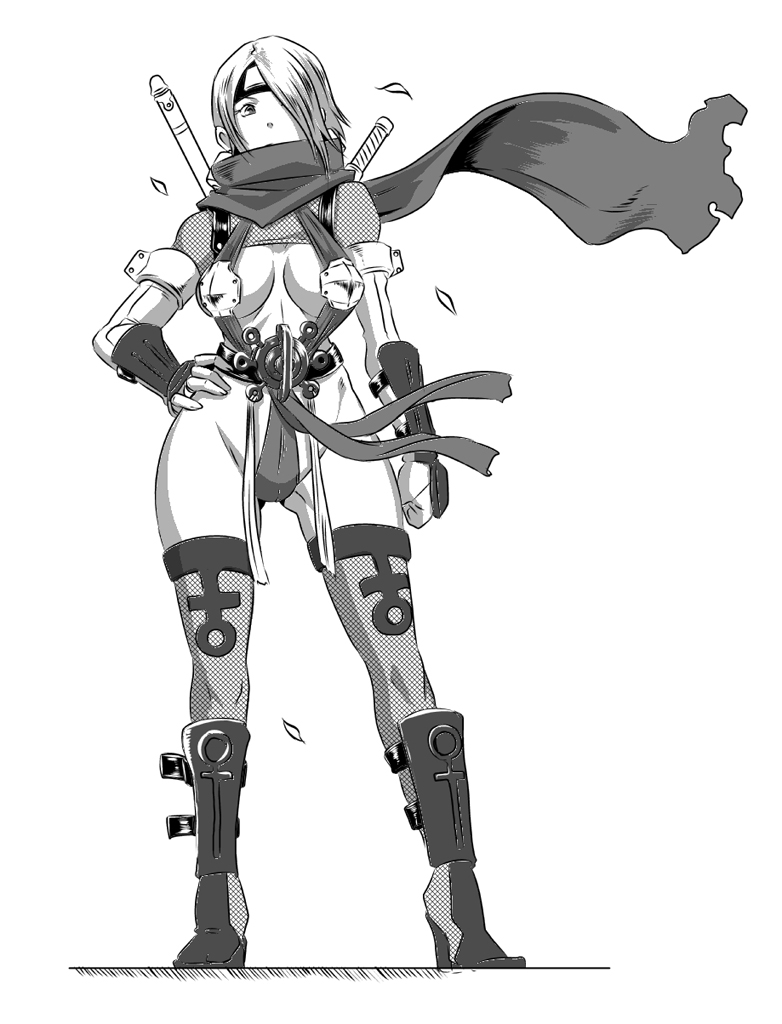 butcha-u, misogi (sacrifice heroes), sacrifice heroes, xes fantasia, 1girl, breasts, cleavage, female focus, fishnet thighhighs, fishnets, greyscale, hair over one eye, headband, monochrome, ninja, scarf, solo, thighhighs