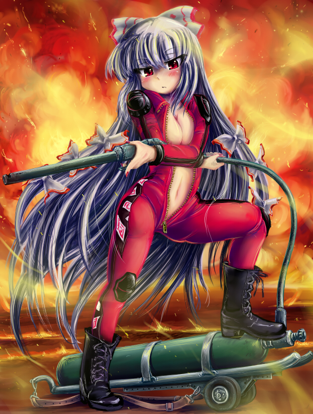 okiraku nikku, fujiwara no mokou, touhou, silver hair, 1girl, biker clothes, bikesuit, bodysuit, bow, breasts, cleavage, female focus, fire, flamethrower, hair bow, hair ribbon, large breasts, long hair, nail polish, red eyes, revealing clothes, ribbon, solo, unzipped, weapon