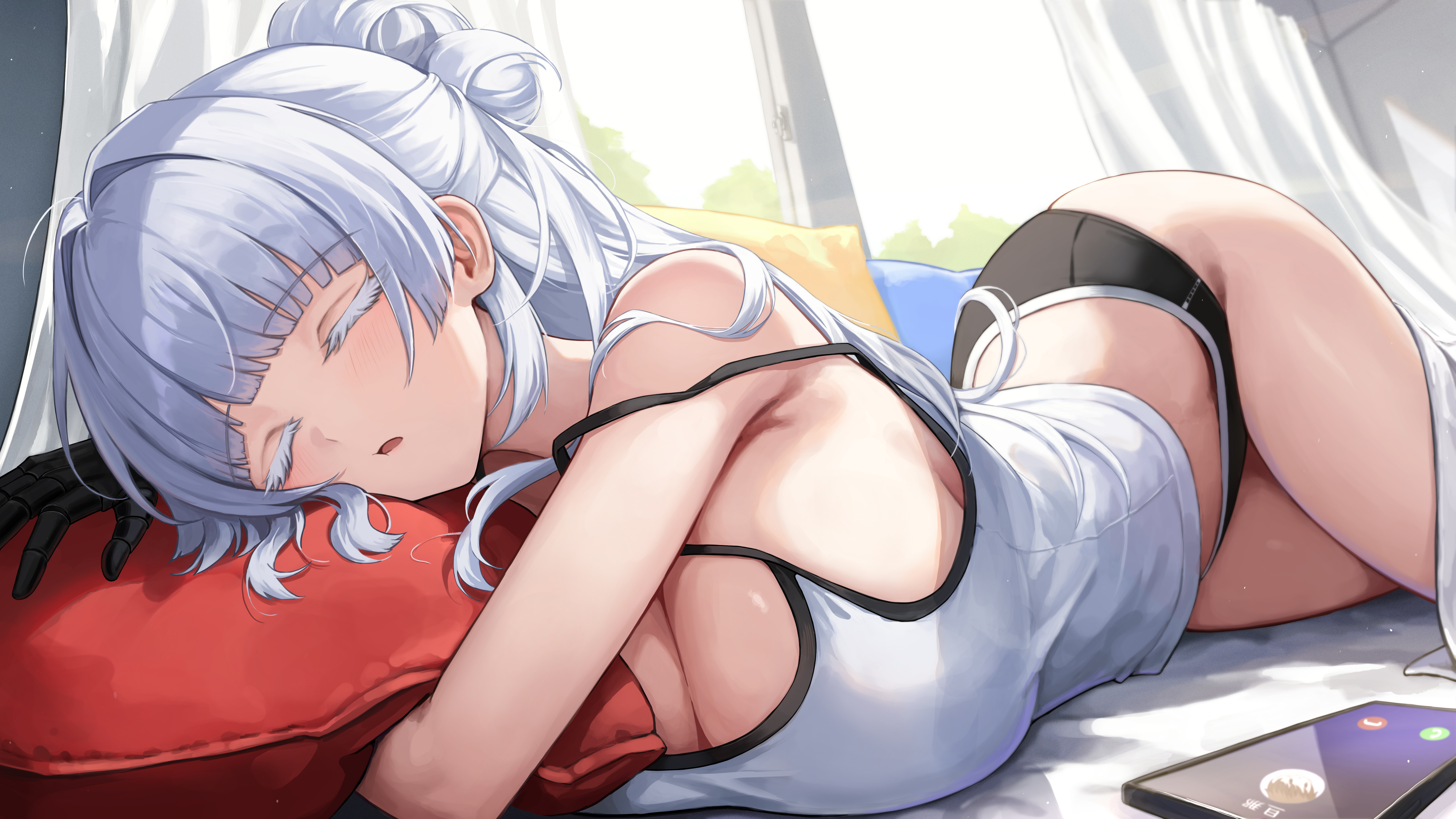 mookyuu9, nayuta (nikke), goddess of victory: nikke, absurdres, commentary, highres, 1girl, alternate costume, bare shoulders, black shorts, breasts, cellphone, cleavage, colored eyelashes, hair intakes, huge breasts, hugging object, indoors, long hair, on bed, parted lips, phone, pillow, pillow hug, shirt, shorts, smartphone, solo, strap slip, thighs, white eyelashes, white hair, white shirt