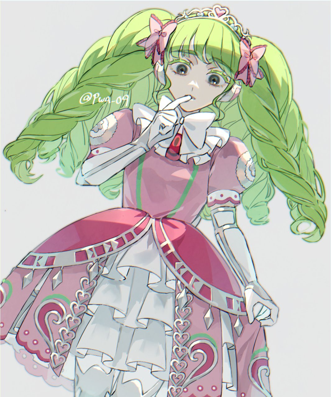 falulu, pretty series, pripara, hashtag-only commentary, highres, 1girl, a (won myon), bow, colored eyelashes, cowboy shot, dress, finger to mouth, gloves, green hair, grey background, grey eyes, hair bow, headphones, idol clothes, index finger raised, long hair, looking at viewer, pink bow, pink dress, power symbol, puffy short sleeves, puffy sleeves, short sleeves, simple background, skirt hold, solo, standing, tiara, twintails, white gloves