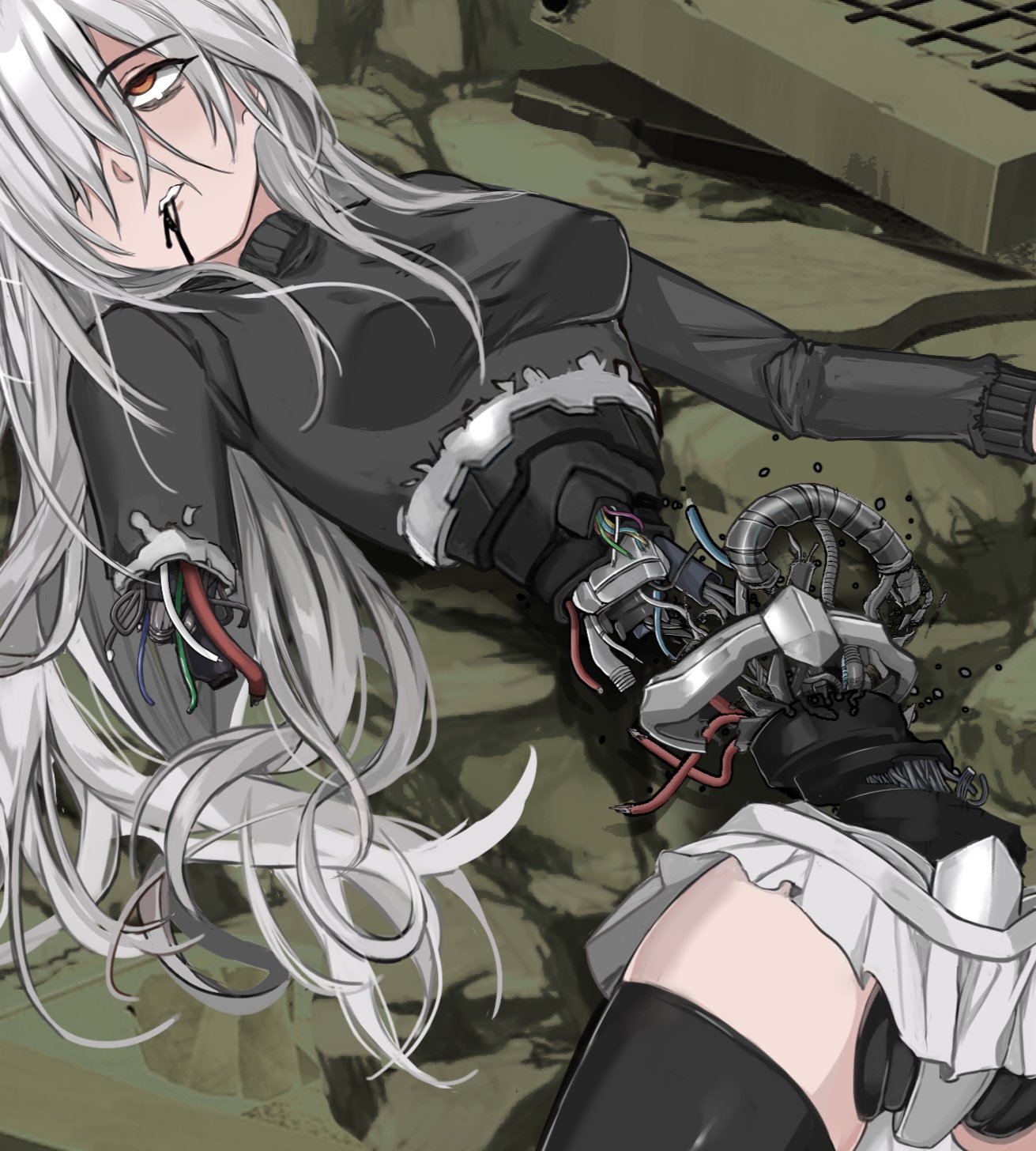 56koruru, original, commentary, english commentary, highres, 1girl, amputee, android, breaking, broken, death, defeat, humanoid robot, lying, missing limb, motor oil, robot, robot girl, science fiction, shattered, yellow eyes