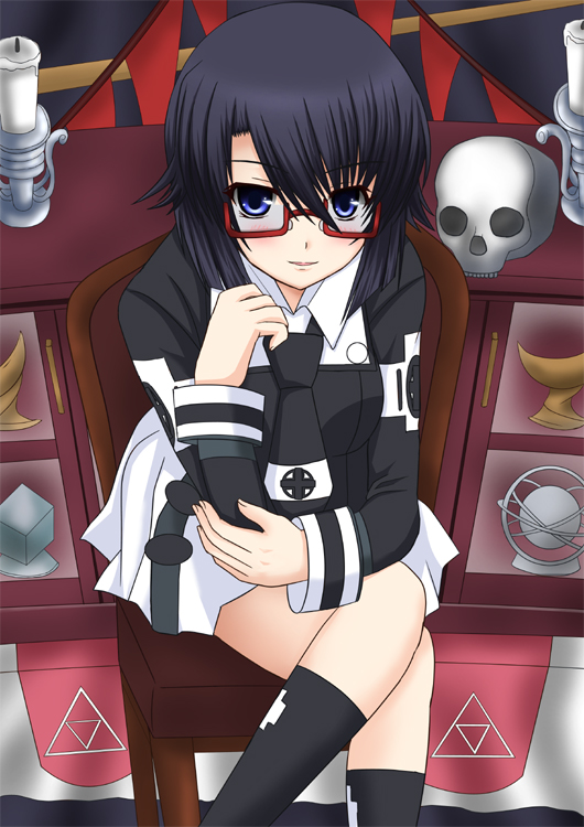 natsuzakura yuuki, kurosaki shuri, asura cryin', bad id, bad pixiv id, 00s, blue eyes, candle, crossed legs, glasses, school uniform, short hair, sitting, skull, solo