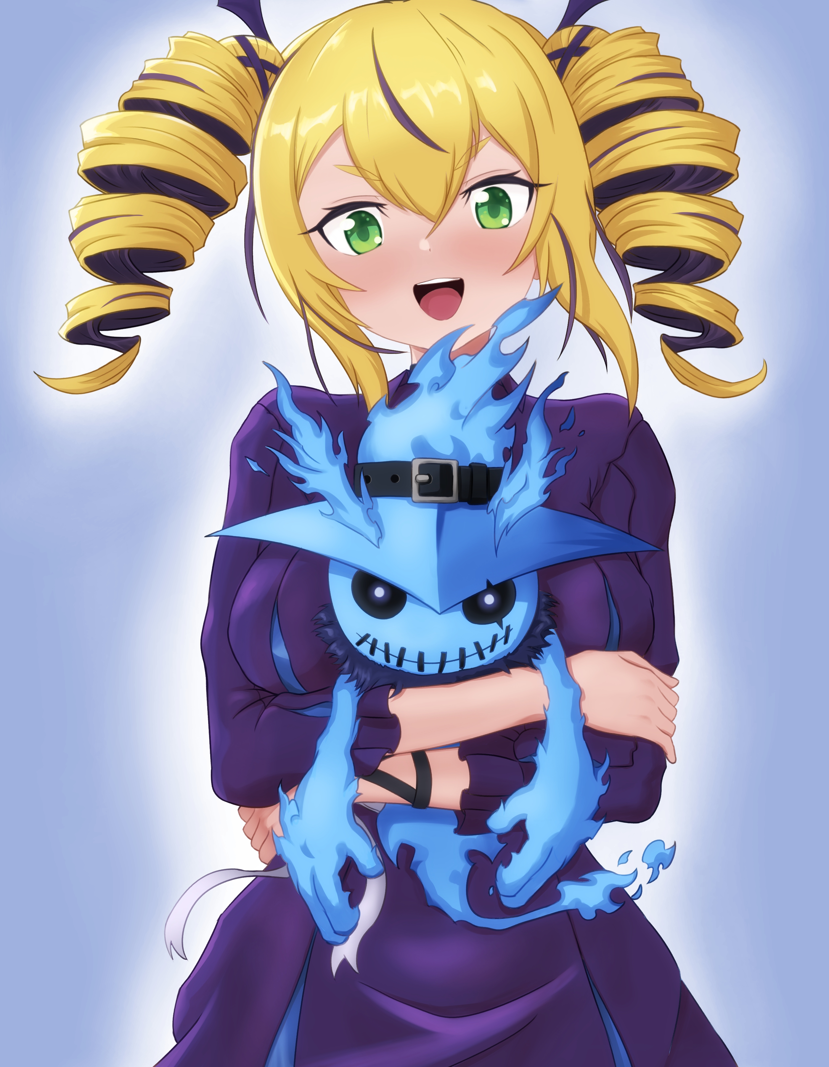 omeka gamma, ghostmon, violet inboots, digimon, digimon card game, digimon liberator, absurdres, highres, 1girl, blonde hair, blue background, blush, breasts, carrying, cowboy shot, digimon (creature), dress, drill hair, large breasts, multicolored hair, purple dress, purple hair, simple background, streaked hair, twin drills, two-tone hair