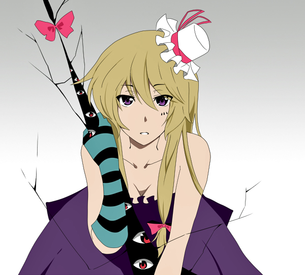 jont, akiyama mio, yakumo yukari, don't say "lazy", k-on!, touhou, striped, bad id, bad pixiv id, third-party edit, 1girl, akiyama mio (cosplay), blonde hair, cosplay, female focus, gap (touhou), hat, mini hat, mini top hat, parody, purple eyes, solo, top hat