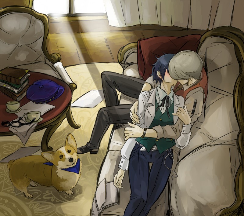 kazuki (kazu-king), narukami yu, sherlock holmes, shirogane naoto, atlus, persona, persona 4, the adventures of sherlock holmes, duplicate, 1boy, 1girl, androgynous, animal, bandana, blazer, blue hair, blush, book, bow, bowtie, chair, couch, couple, crossover, cup, dog, glasses, grey hair, hat, hetero, jacket, kiss, newsboy cap, pants, reverse trap, room, short hair, sunlight, table, teacup, vest, waistcoat, welsh corgi