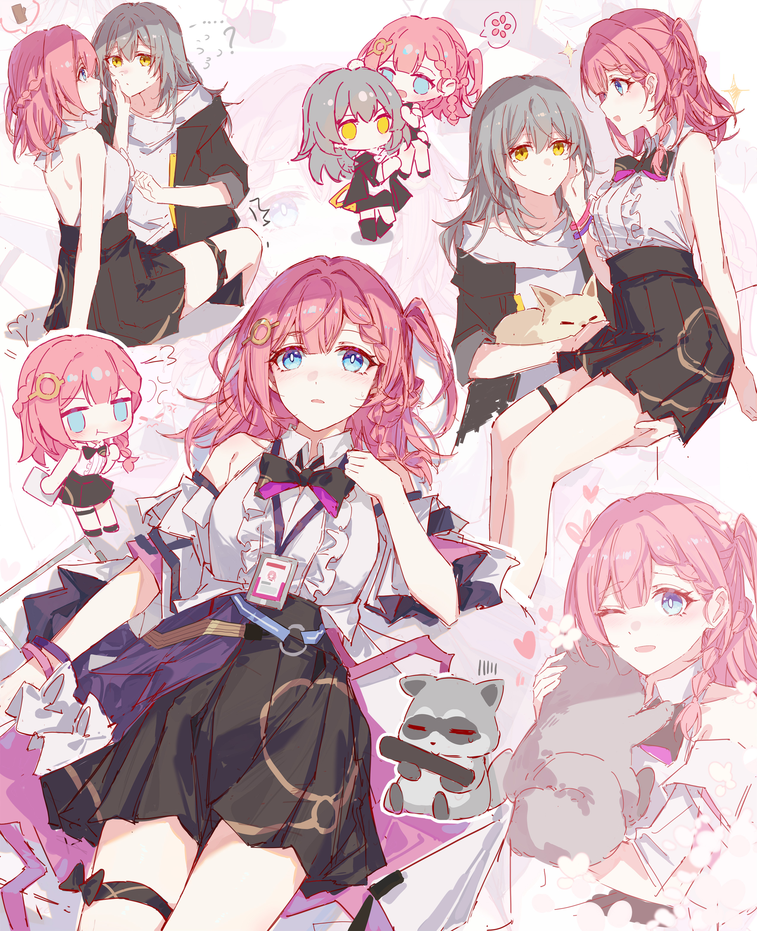 yajuu, asta (honkai: star rail), peppy (honkai: star rail), stelle (honkai: star rail), trailblazer (honkai: star rail), honkai: star rail, honkai (series), absurdres, highres, 2girls, ?, black bow, black bowtie, black coat, black skirt, blue eyes, bow, bowtie, center frills, chibi, coat, collared shirt, flying sweatdrops, frills, grey hair, hair ornament, heart, looking at another, medium hair, multiple girls, multiple views, one side up, open clothes, open coat, parted lips, pink hair, raccoon, shirt, simple background, skirt, sleeveless, sleeveless shirt, smile, thigh strap, white shirt, yellow eyes