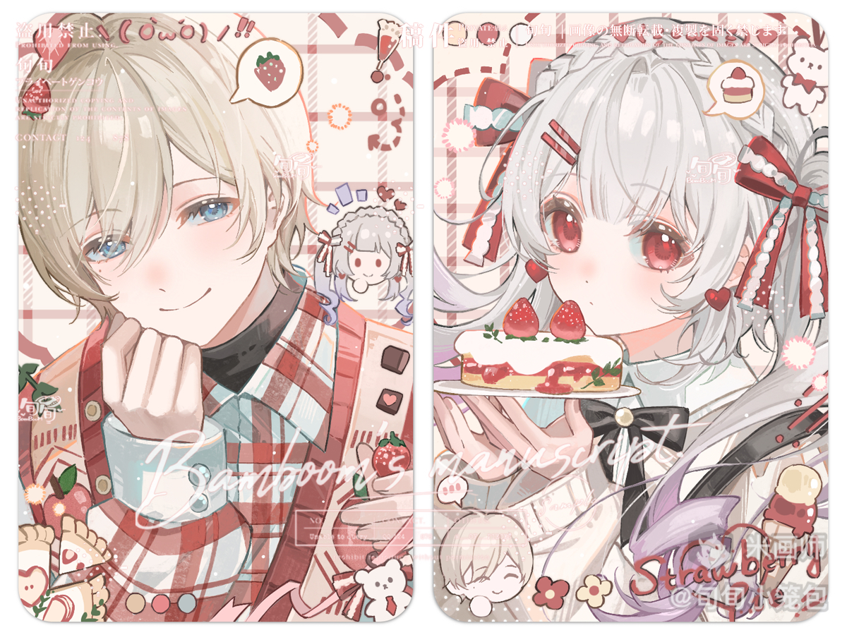 original, 1boy, 1girl, black bow, black bowtie, blue eyes, border, bow, bowtie, closed mouth, collared shirt, grey hair, hair between eyes, hair ribbon, hand up, holding, holding plate, long hair, long sleeves, looking at viewer, pink sweater, plaid clothes, plaid shirt, plate, portrait, red eyes, red ribbon, ribbon, shirt, short hair, smile, sweater, watermark, white border, white hair, white shirt, xun xun xiaolongbao