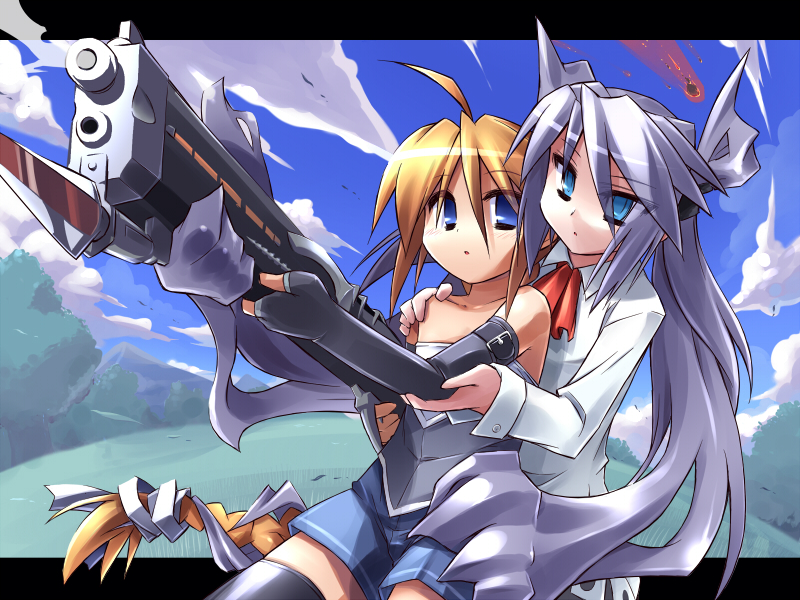 redrantem, tomoshibi hidekazu, girl with a blonde braid (tomoshibi hidekazu), mof's silver haired twintailed girl, redrantem's orange haired girl, original, bad id, bad pixiv id, 2girls, bare shoulders, borrowed character, braid, elbow gloves, fingerless gloves, gloves, gun, long hair, meteor, multiple girls, prehensile hair, very long hair, weapon