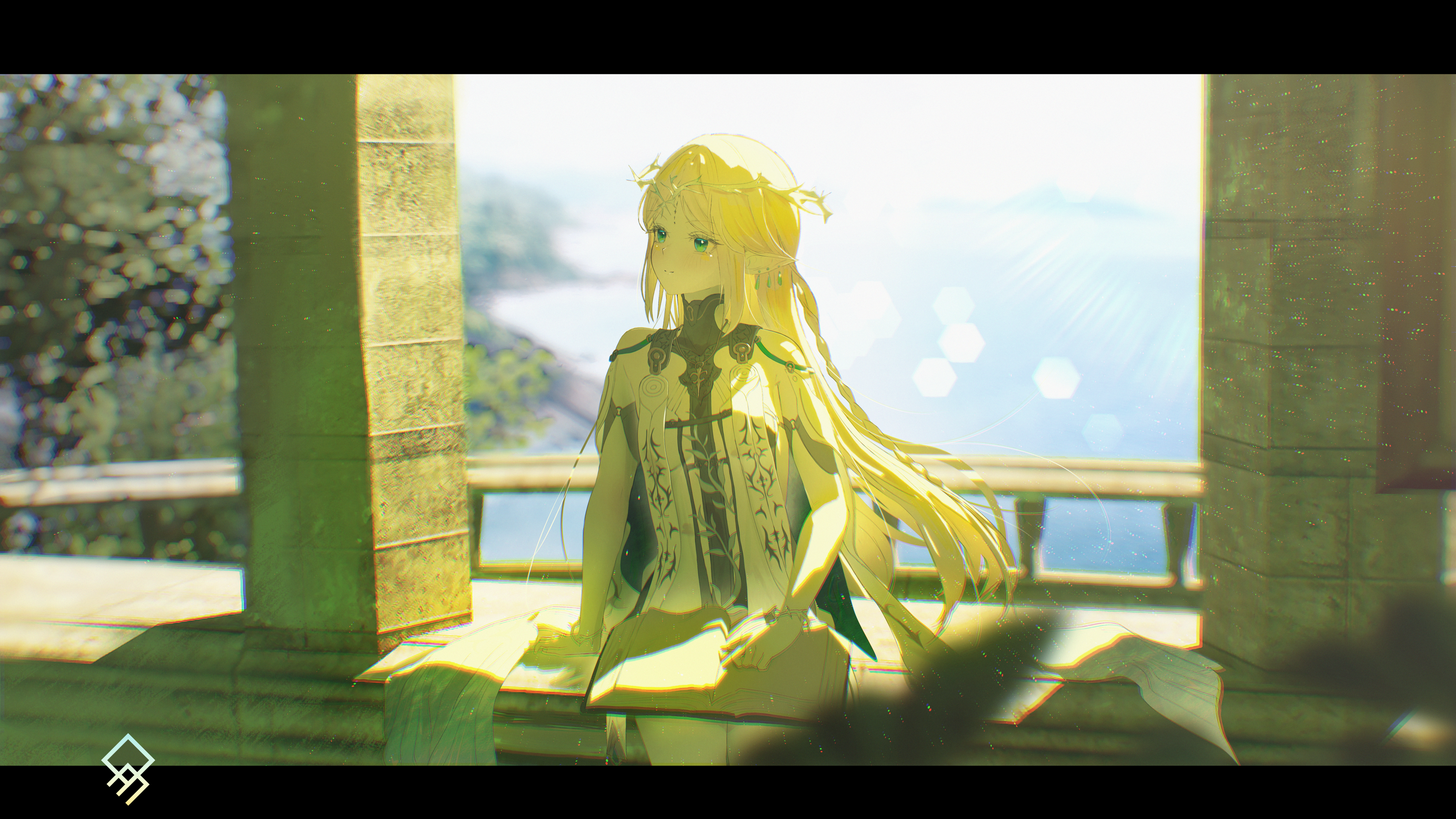 quragenomiken, cartethyia (wuthering waves), wuthering waves, absurdres, commentary, commentary request, english commentary, highres, mixed-language commentary, 1girl, artist logo, bare shoulders, black collar, black dress, blonde hair, blue eyes, blue sky, blurry, blurry background, book, closed mouth, collar, crown of thorns, day, dress, earrings, jewelry, letterboxed, logo, long hair, looking to the side, multiple earrings, necklace, open book, pointy ears, sidelocks, sitting, sky, solo, tacet mark (wuthering waves)