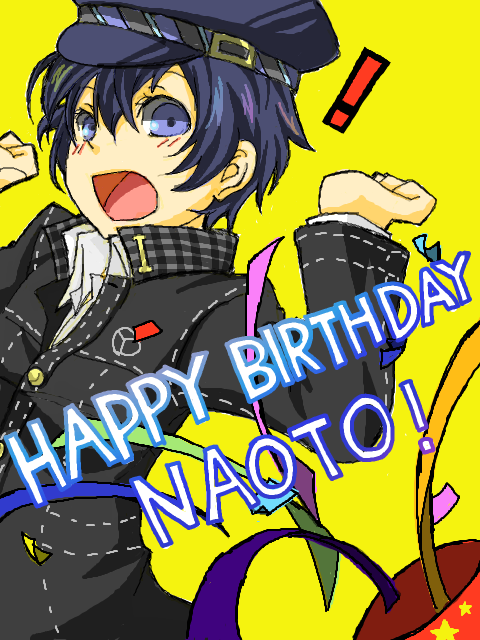 shirogane naoto, atlus, persona, persona 4, !, 1girl, androgynous, birthday, blue eyes, blue hair, confetti, female focus, hat, newsboy cap, open mouth, reverse trap, solo, surprised, tegaki