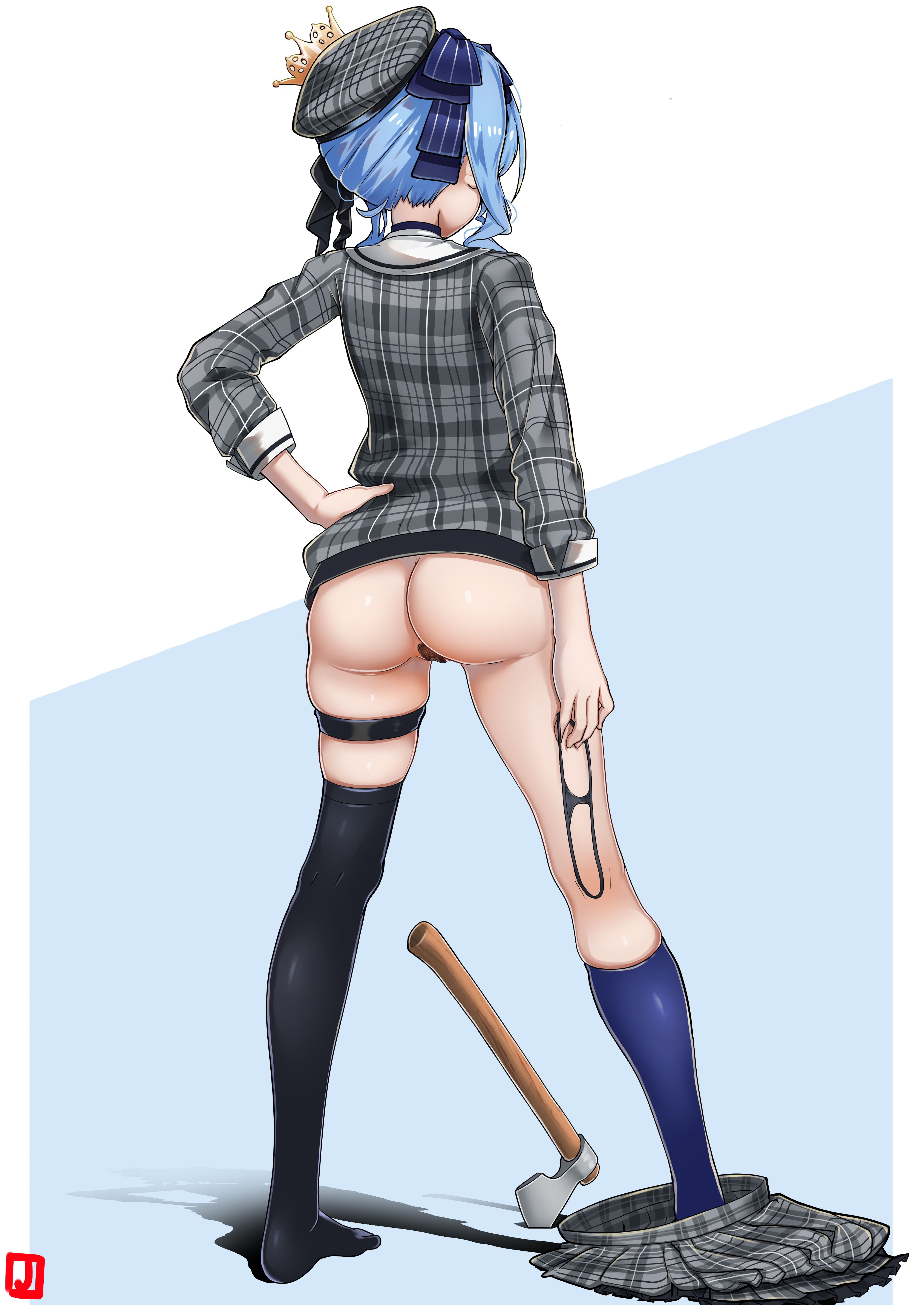 johnny (braun-kan cafe), hoshimachi suisei, hoshimachi suisei (1st costume), hololive, absurdres, highres, 1girl, ass, asymmetrical legwear, axe, beret, black panties, black thighhighs, blue hair, blue ribbon, blue socks, bottomless, crown, from behind, full body, grey hat, grey skirt, hair ribbon, hand on own hip, hat, holding, holding panties, holding underwear, holding unworn clothes, jacket, kneehighs, legs apart, maebari, medium hair, mini crown, no shoes, panties, plaid clothes, plaid hat, plaid jacket, plaid skirt, planted, planted axe, ribbon, side ponytail, sidelocks, single kneehigh, single sock, single thighhigh, skirt, sleeve cuffs, socks, solo, standing, thigh strap, thighhighs, three-quarter sleeves, tilted headwear, underwear, uneven legwear, unworn skirt, virtual youtuber