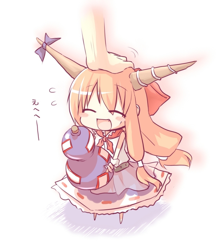 hiraga matsuri, hirasato, ibuki suika, touhou, 1girl, :d, ^ ^, blush, blush stickers, chibi, closed eyes, fang, female focus, gourd, hair ribbon, happy, head pat, headpat, horn ornament, horn ribbon, horns, laughing, oni, open mouth, orange hair, ribbon, smile, solo focus, sweatdrop