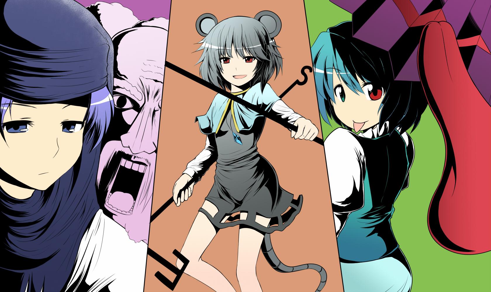 chipa (arutana), kumoi ichirin, nazrin, tatara kogasa, unzan, touhou, bad id, bad pixiv id, highres, 3girls, :p, heterochromia, high contrast, hood, multiple girls, oil-paper umbrella, tongue, tongue out, umbrella