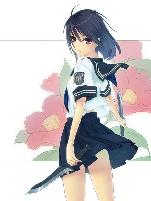 mishima yoshikatsu, original, bad id, bad pixiv id, 1girl, black hair, blue hair, clothes lift, dual wielding, female focus, flower, from behind, holding, knife, looking back, miniskirt, pleated skirt, red eyes, school uniform, serafuku, short hair, skirt, skirt lift, solo, standing, weapon, wind, wind lift