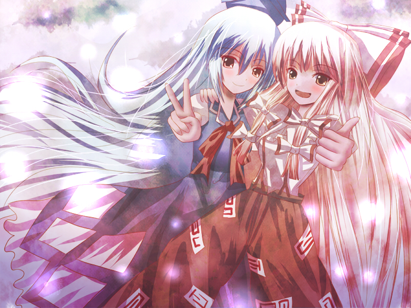 non (nobu), fujiwara no mokou, kamishirasawa keine, touhou, silver hair, 2girls, blue hair, blush, bow, female focus, hair bow, hair ribbon, hat, long hair, multiple girls, ofuda, open mouth, red eyes, ribbon, suspenders, thumbs up, twintails, v, very long hair, yellow eyes