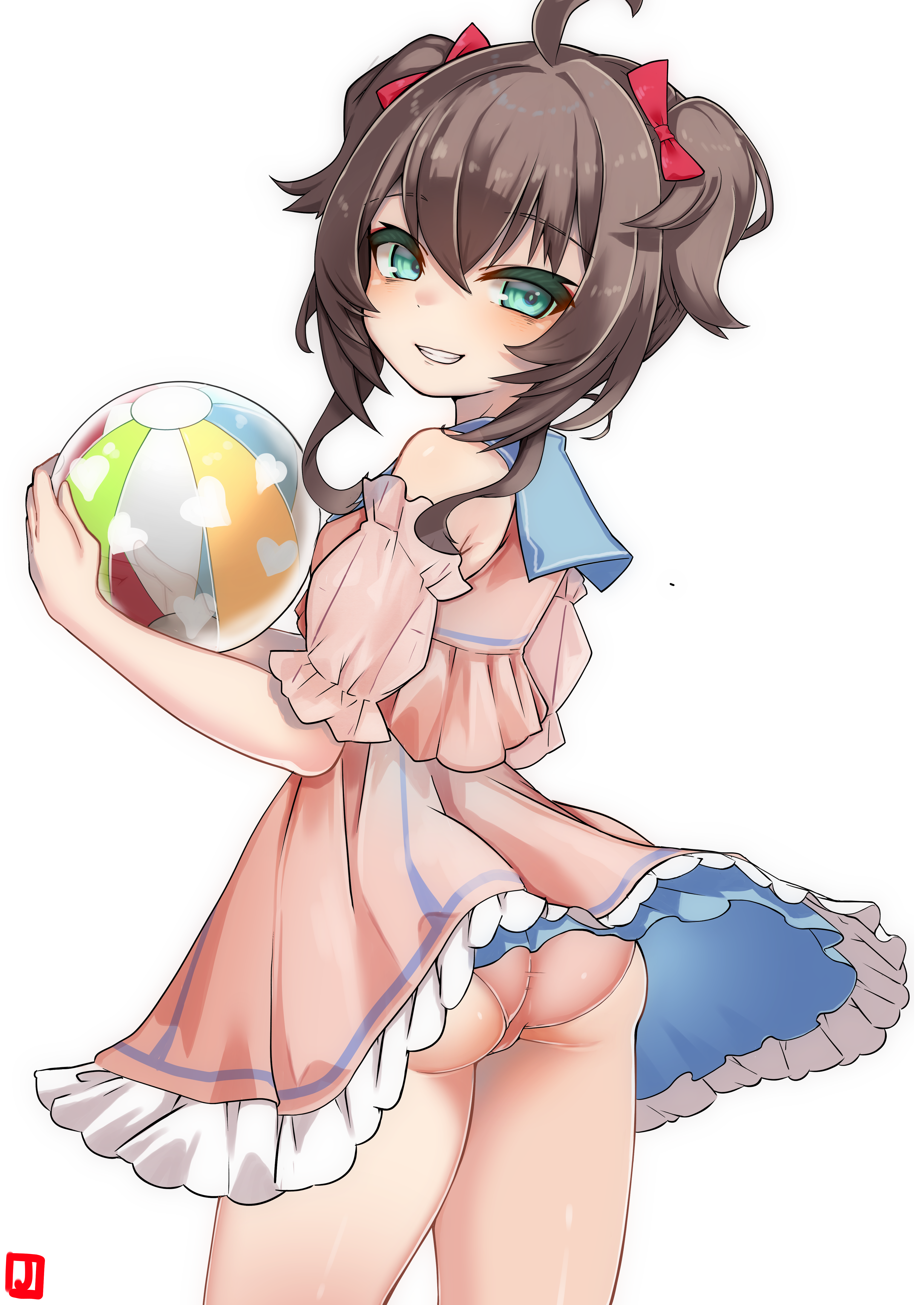 johnny (braun-kan cafe), natsuiro matsuri, natsuiro matsuri (holonatsu paradise), hololive, absurdres, commentary, highres, 1girl, :d, ahoge, aqua eyes, ass, ball, beachball, bikini, bikini under clothes, blue sailor collar, bow, brown hair, detached sleeves, dress, frilled bikini, frilled sleeves, frills, from behind, grin, hair between eyes, hair bow, holding, holding ball, holding beachball, looking at viewer, looking back, medium hair, official alternate costume, open mouth, pink bikini, pink dress, puffy detached sleeves, puffy short sleeves, puffy sleeves, sailor collar, short sleeves, sidelocks, simple background, sleeveless, sleeveless dress, smile, swimsuit, two side up, virtual youtuber, white background