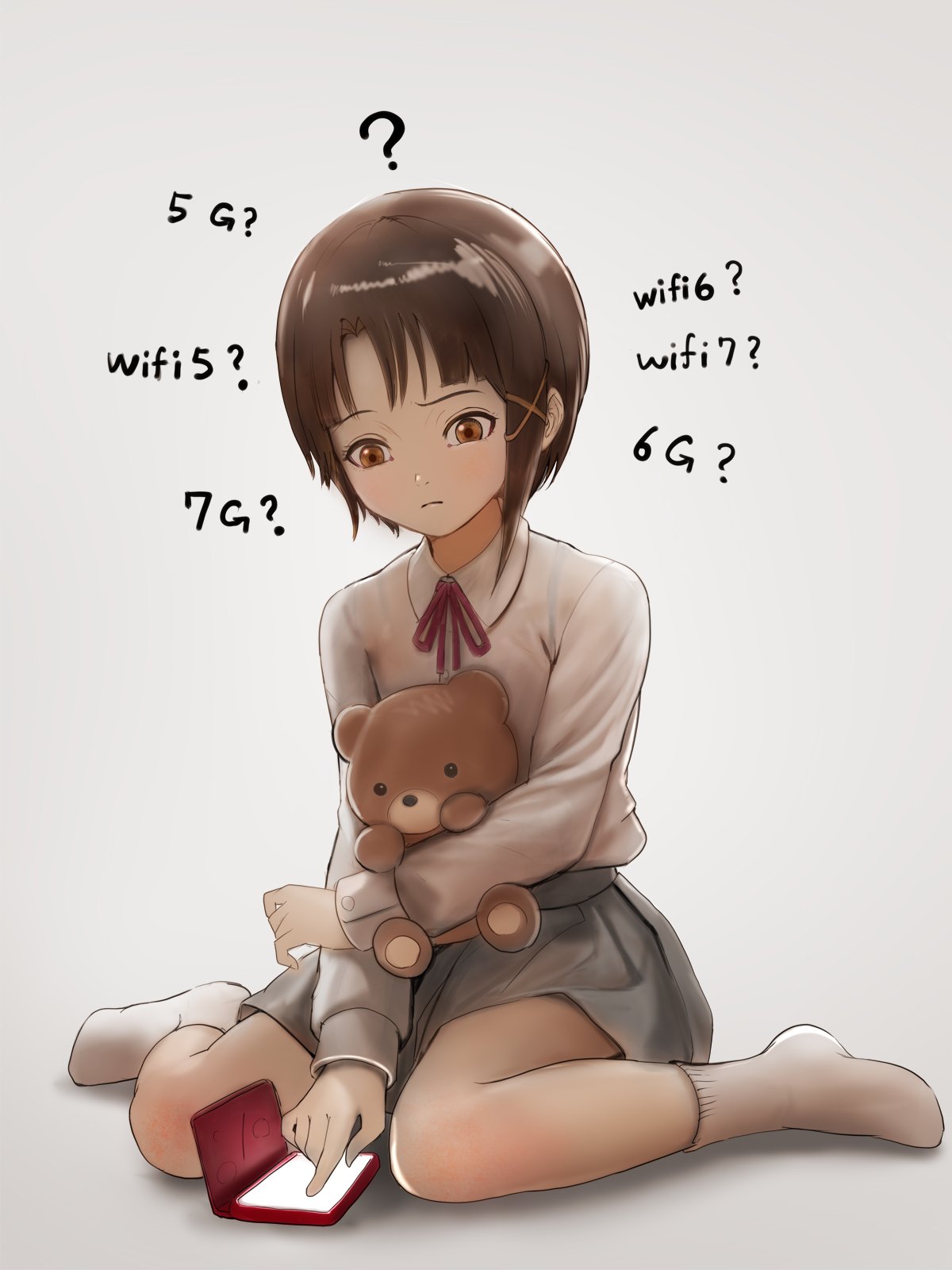 nekoita, iwakura lain, serial experiments lain, commentary, highres, 1girl, ?, black hair, black skirt, brown eyes, cellphone, closed mouth, collared shirt, confused, full body, grey background, holding, holding stuffed toy, looking at phone, neck ribbon, no shoes, phone, red ribbon, ribbon, school uniform, shirt, short hair, simple background, sitting, skirt, smartphone, socks, solo, stuck in the past, stuffed animal, stuffed toy, teddy bear, wariza, white shirt, white socks