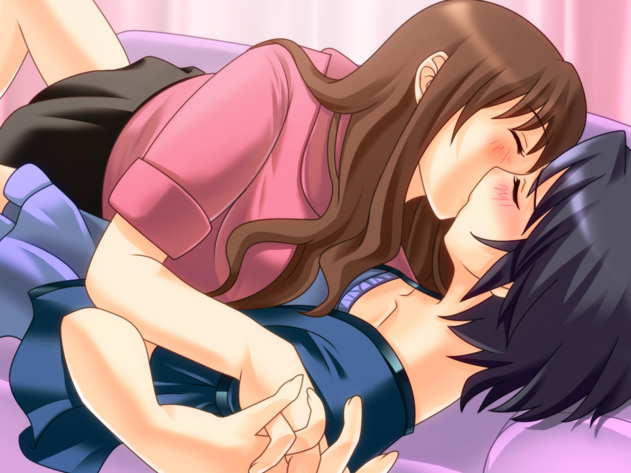 ayase aria, 2girls, black hair, blush, brown hair, closed eyes, couch, girl on top, kiss, long hair, multiple girls, short hair, yuri