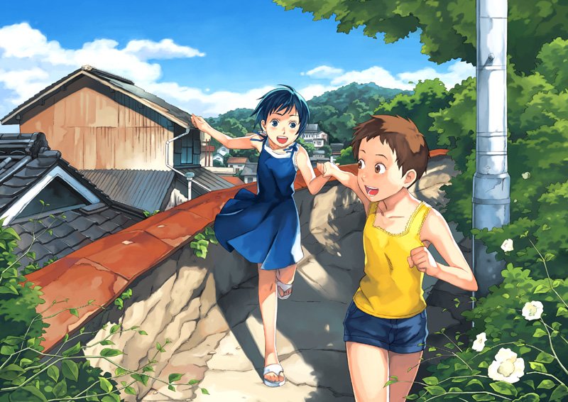 katoh akatsuki, original, 2girls, blue eyes, blue hair, brown eyes, brown hair, building, cloud, day, dress, holding hands, house, multiple girls, outdoors, running, short hair, shorts, sky, tank top