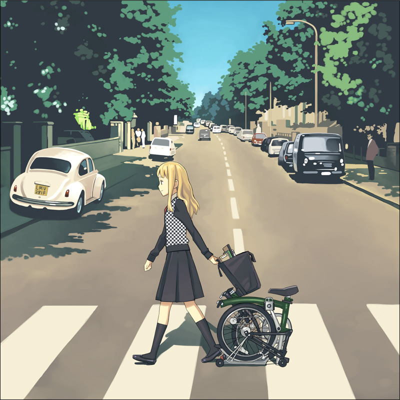 katoh akatsuki, abbey road, original, the beatles, volkswagen, derivative work, 1girl, album cover, album cover redraw, bicycle, blonde hair, cover, crosswalk, female focus, folding bicycle, kneehighs, parody, socks, solo, vanishing point, volkswagen beetle