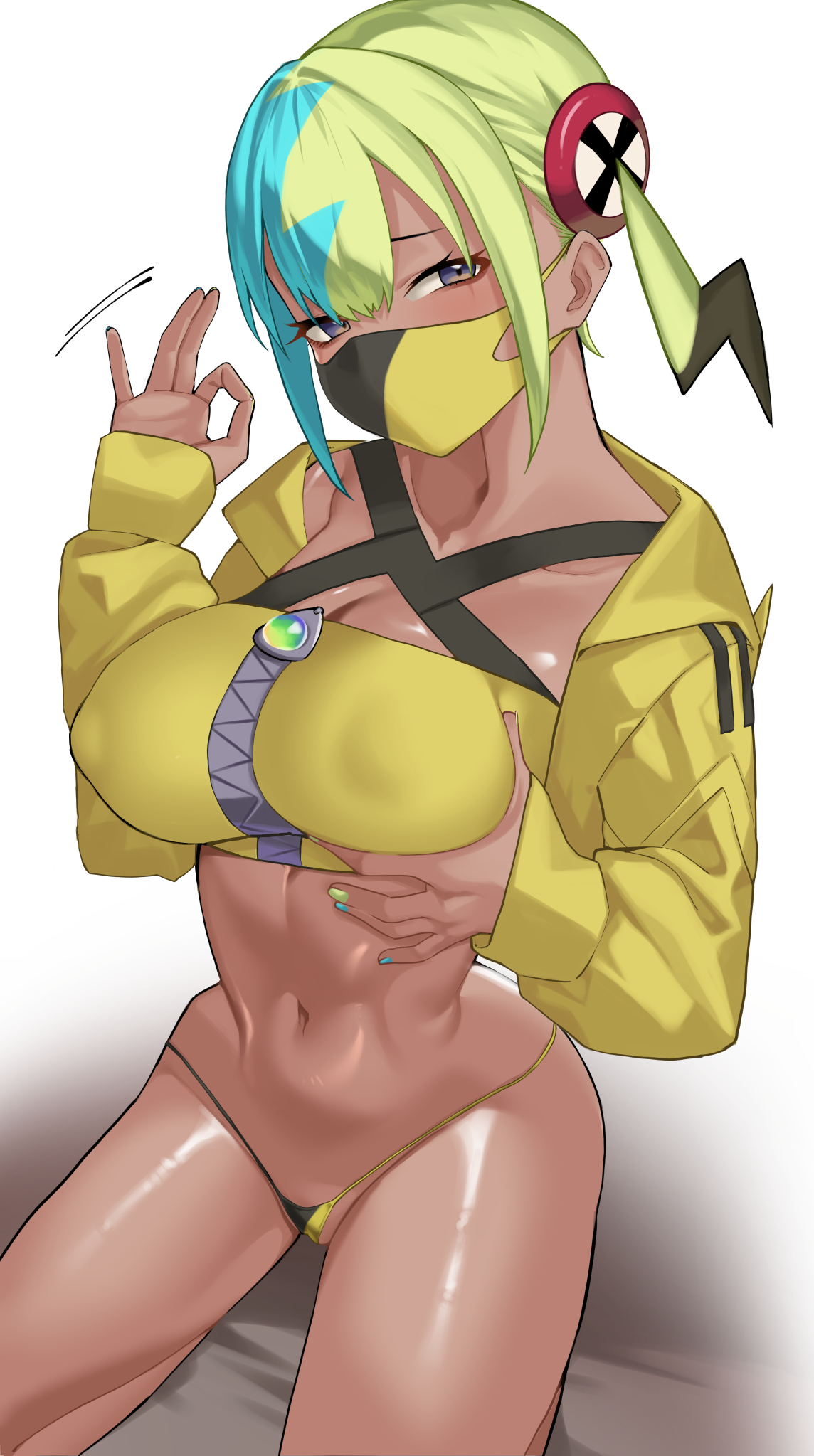 kumamiya, canari (pokemon), nintendo, pokemon, highres, 1girl, bikini, bikini bottom only, blonde hair, blue eyes, blue hair, breasts, character hair ornament, cropped jacket, dark-skinned female, dark skin, fellatio gesture, grabbing own breast, hair ornament, jacket, kneeling, large breasts, looking at viewer, mask, micro bikini, mouth mask, multicolored hair, multicolored nails, narrow waist, navel, solo, split-color hair, stomach, swimsuit, two-tone hair, yellow jacket