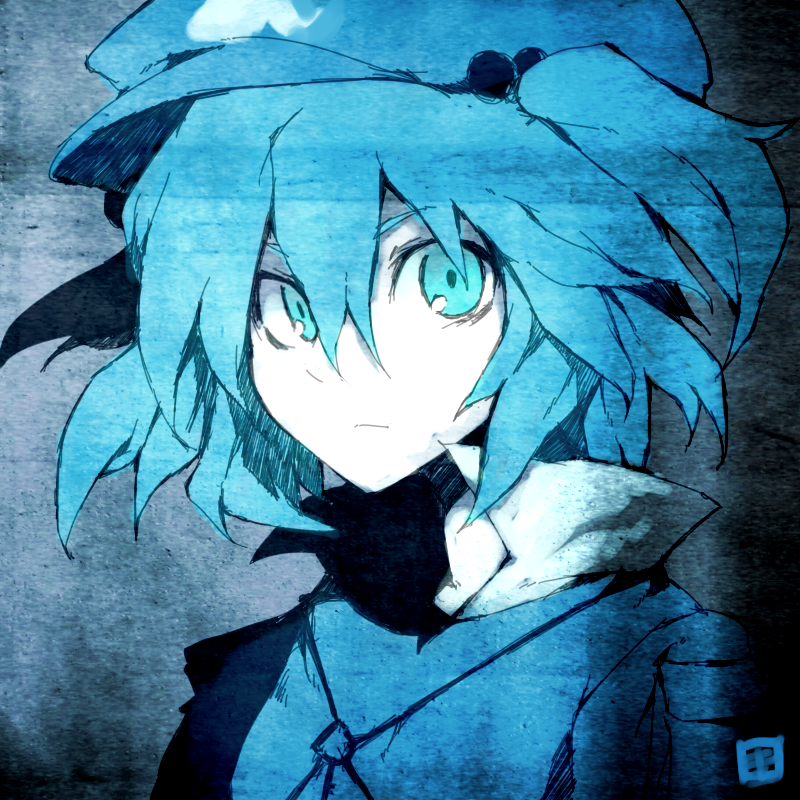 kitsune (kazenouta), kitsune (pixiv), kawashiro nitori, touhou, bad id, bad pixiv id, 1girl, blue eyes, blue hair, blue theme, female focus, hair bobbles, hair ornament, hat, matching hair/eyes, monochrome, short hair, sketch, solo, staring, twintails, two side up