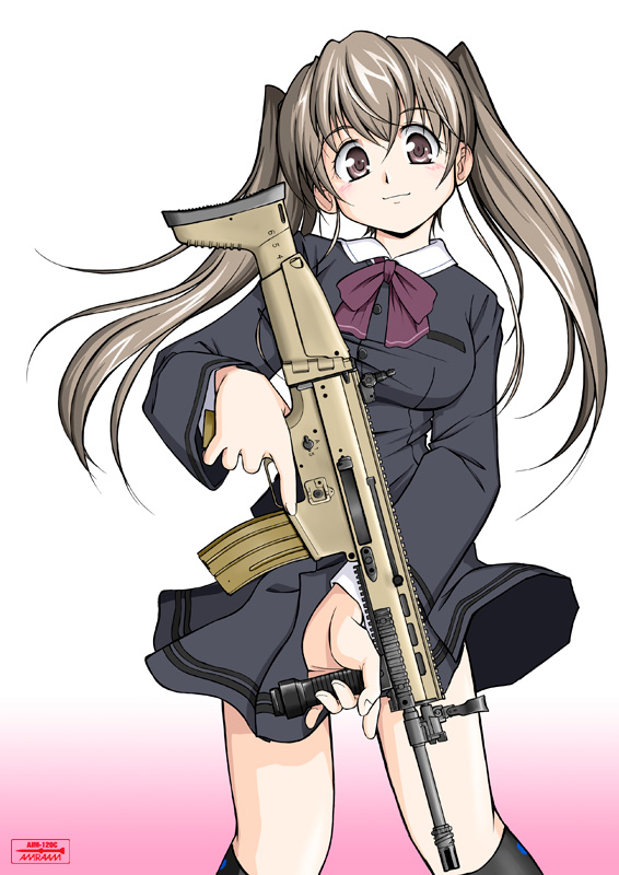 amraam120c, 1girl, assault rifle, brown eyes, brown hair, clothes lift, female focus, fn scar, gun, long hair, miniskirt, pleated skirt, ribbon, rifle, scar-l, school uniform, simple background, skirt, skirt lift, smile, socks, solo, standing, twintails, weapon, wind, wind lift