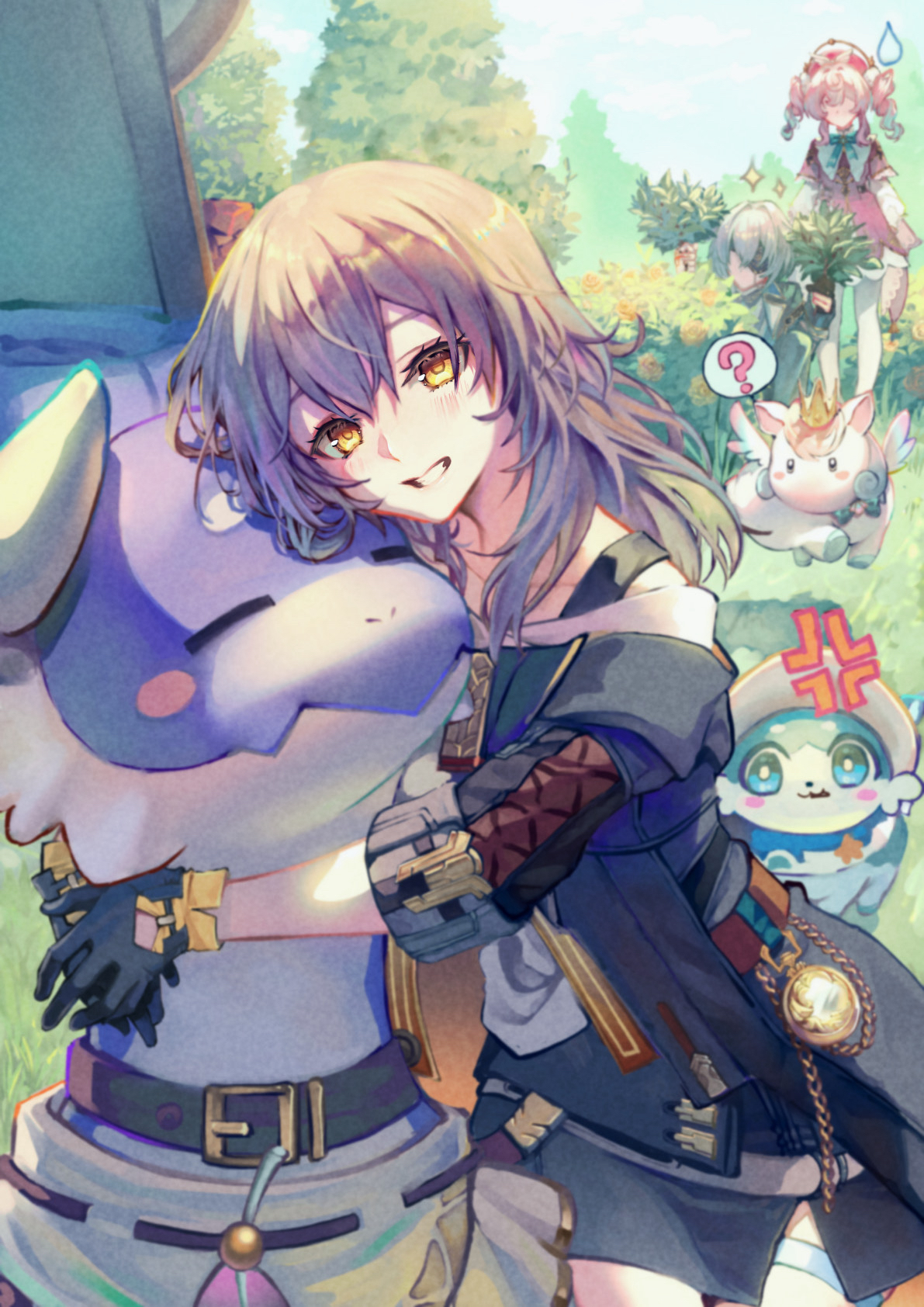 hinagi kei, anaxa (honkai: star rail), hyacine (honkai: star rail), little ica (honkai: star rail), stelle (honkai: star rail), trailblazer (honkai: star rail), honkai: star rail, honkai (series), commentary request, highres, 1boy, 2girls, ?, anger vein, animal, animal hug, black gloves, black jacket, black skirt, bra strap, bubbles (honkai: star rail), bush, chimera (honkai: star rail), day, dress, drill hair, dromas (honkai: star rail), faceless, faceless female, faceless male, gloves, grass, grey hair, grin, jacket, jealous, long hair, looking at viewer, multiple girls, outdoors, peeking, pink hair, red dress, skirt, smile, spoken question mark, sweatdrop, thigh strap, tree, twin drills, yellow eyes