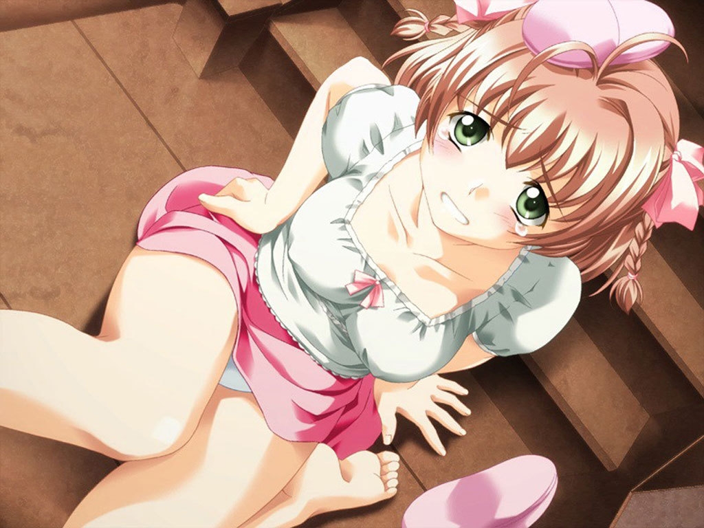 mikazuki akira!, suzumiya haruka, kimi ga nozomu eien, 00s, antenna hair, barefoot, blouse, blush, braid, brown hair, embarrassed, feet, green eyes, hair ribbon, hand on own hip, hip focus, ribbon, shirt, slippers, soles, solo, tears, thighhighs, toes, twin braids